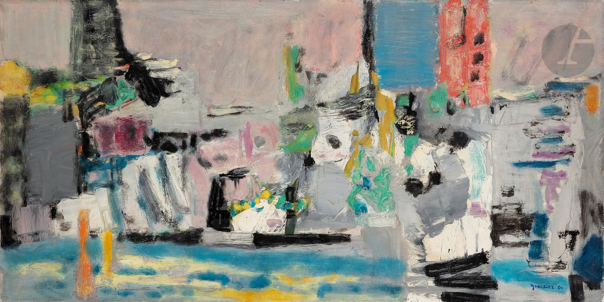 Gérard Diaz dit GERARDIAZ (né en 1938)
Le Port, 1964
Huile sur toile.
Signée et datée en bas à droite.
(Petits manques).
40 x 80 cm

Provenance : 
Galerie Framond, Paris (étiquette au dos).