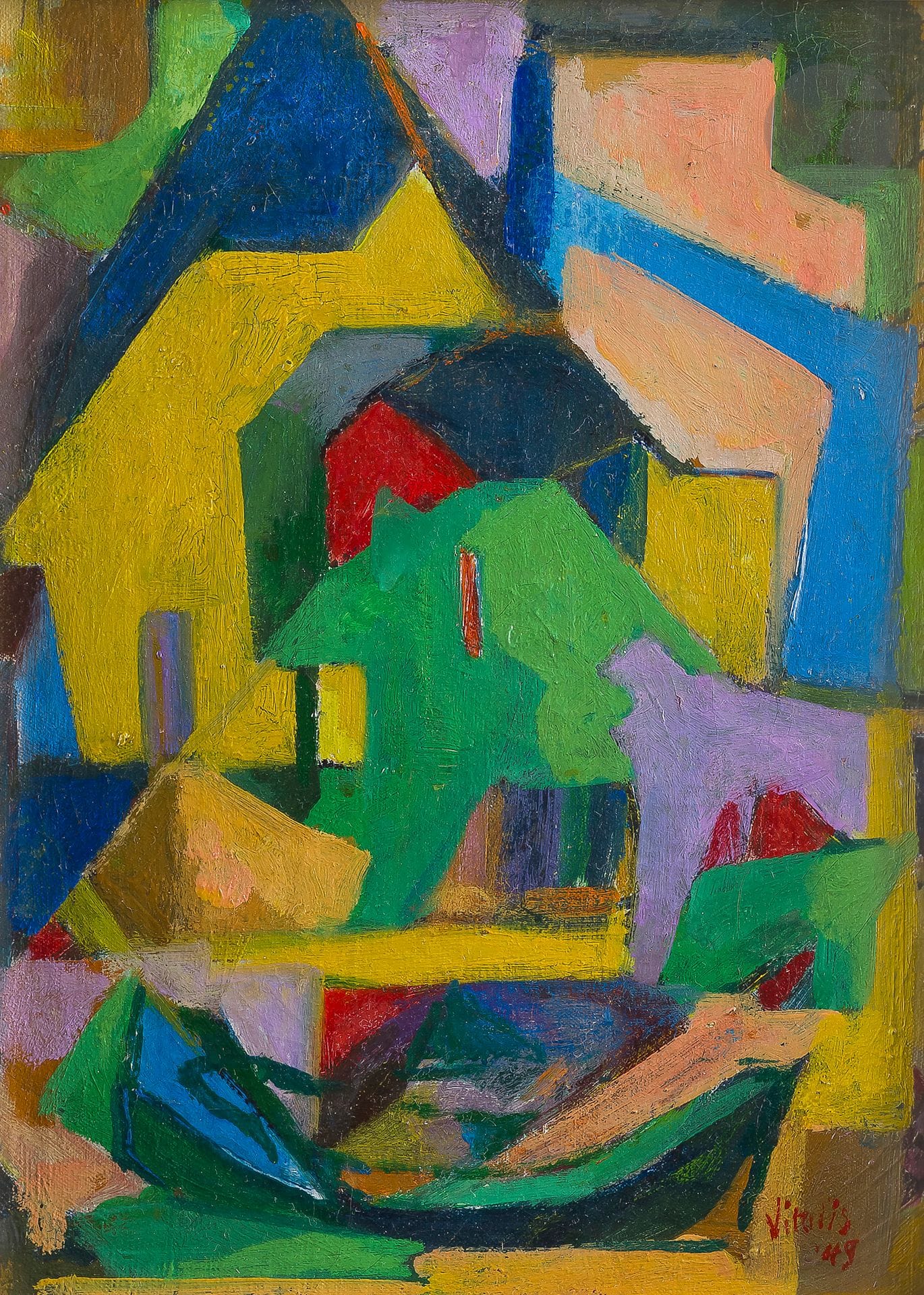 Macario VITALIS (1898-1989)
Les Maisons, 1949
Huile sur toile.
Signée et datée en bas à droite.
Signée et datée au dos.
33 x 24 cm

Provenance : 
Galerie Camille Renault (sa marque manuscrite au dos).