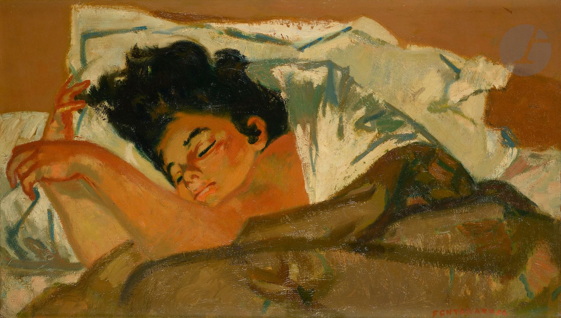 Lucien-Joseph FONTANAROSA (1912-1975)
Annette endormie, 1958
Huile sur toile.
Signée en bas à droite.
42.5 x 73 cm

Exposition : 
Fontanarosa, Palais de la Méditerranée, Nice, 1974, n° 22 (étiquette au dos sur le châssis).