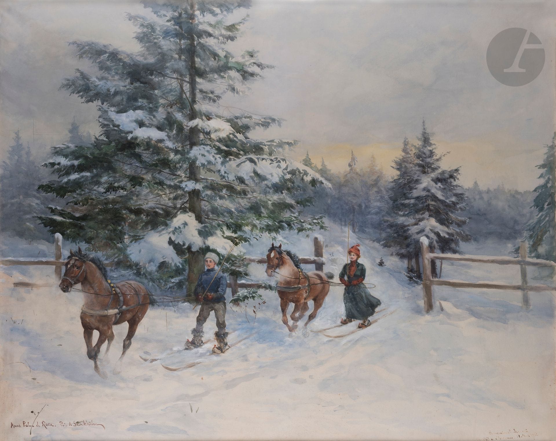 Anna PALM DE ROSA (1859-1924)
Ski joëring, près de Stockholm, 1902
Aquarelle.
Signée et située en bas à gauche.
Datée et dédicacée en bas à droite.
107,5 x 130,5 cm
