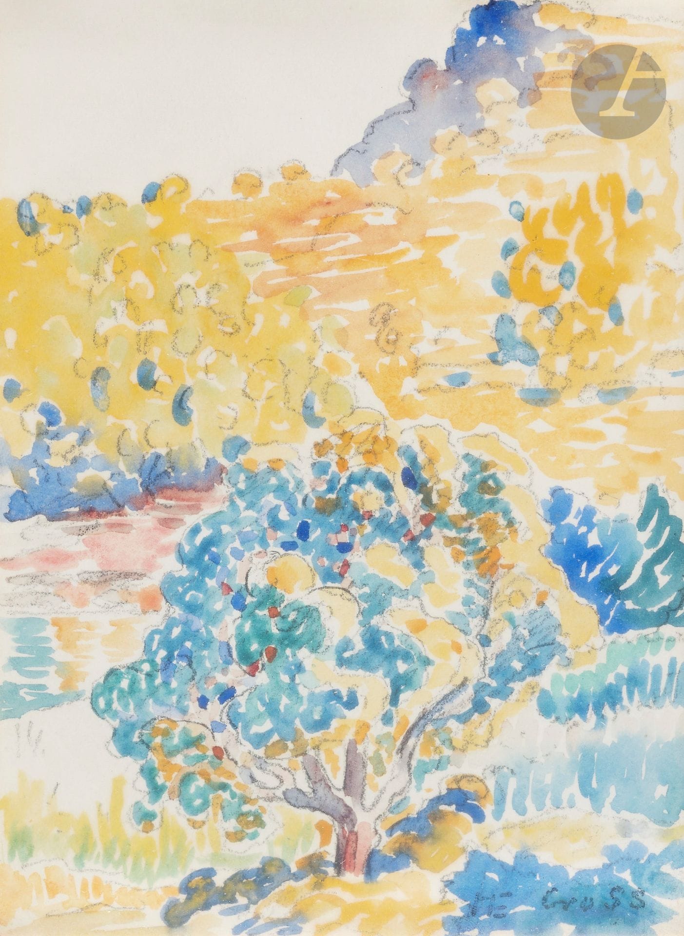 Henri Edmond CROSS (1856-1910)
Paysage des Maures, vers 1905
Aquarelle sur traits de mine de plomb.
Signée en bas à droite.
17 x 12 cm

Un avis d'inclusion au catalogue des aquarelles  de Henri Edmond Cross en préparation par Monsieur Patrick Offenstadt sera remis à l'acquéreur.