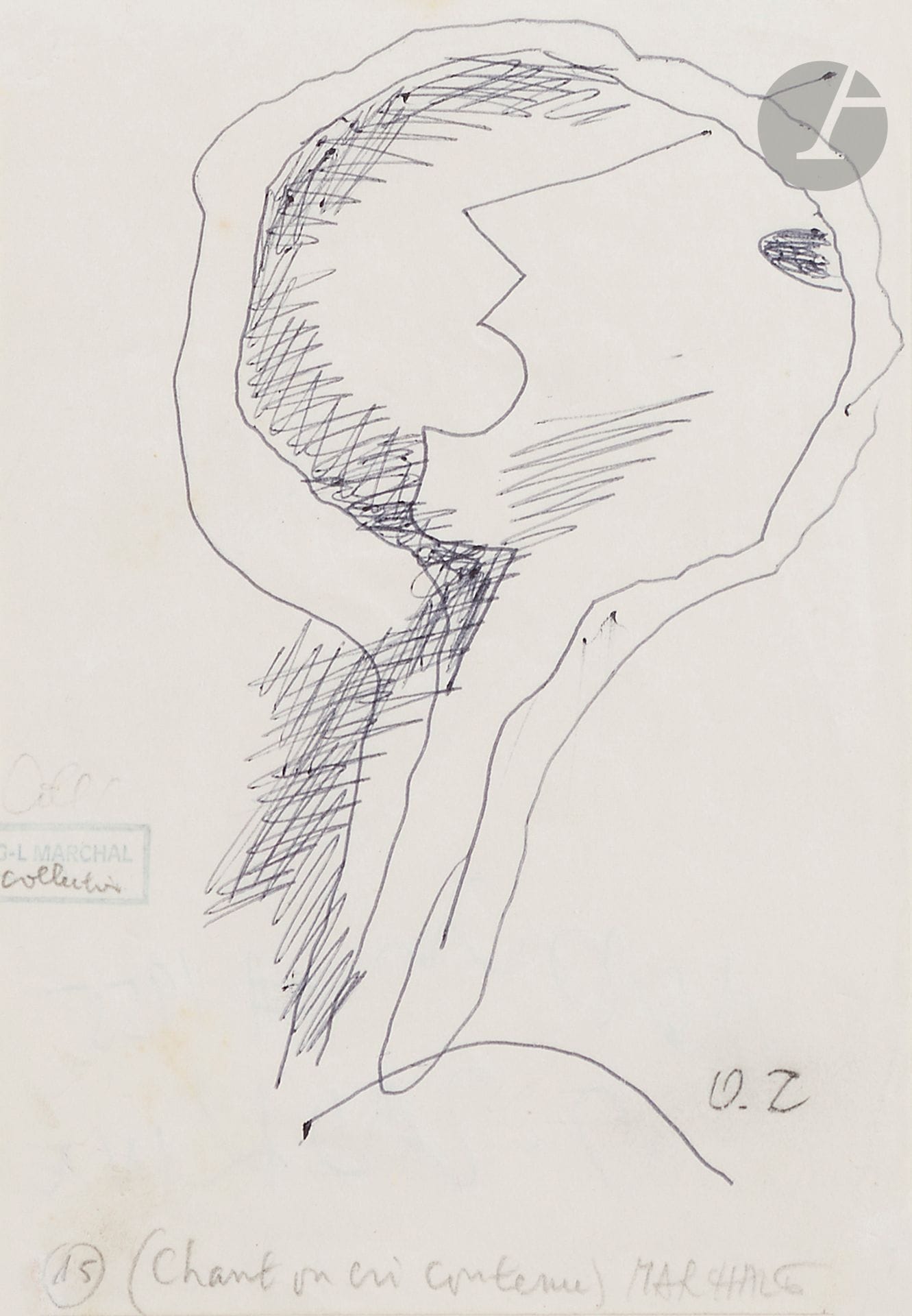 Ossip ZADKINE (1888-1967)
Chant ou Cri contenu, [1955]
Stylo-bille sur une page de carnet.
Monogramme et légende apocryphe.
Datation et annotation apocryphe au dos.
15 x 11 cm
(Plis, manque au papier).

Collection Gaston Louis Marchal (son cachet) élève de Zadkine à la Grande Chaumière.