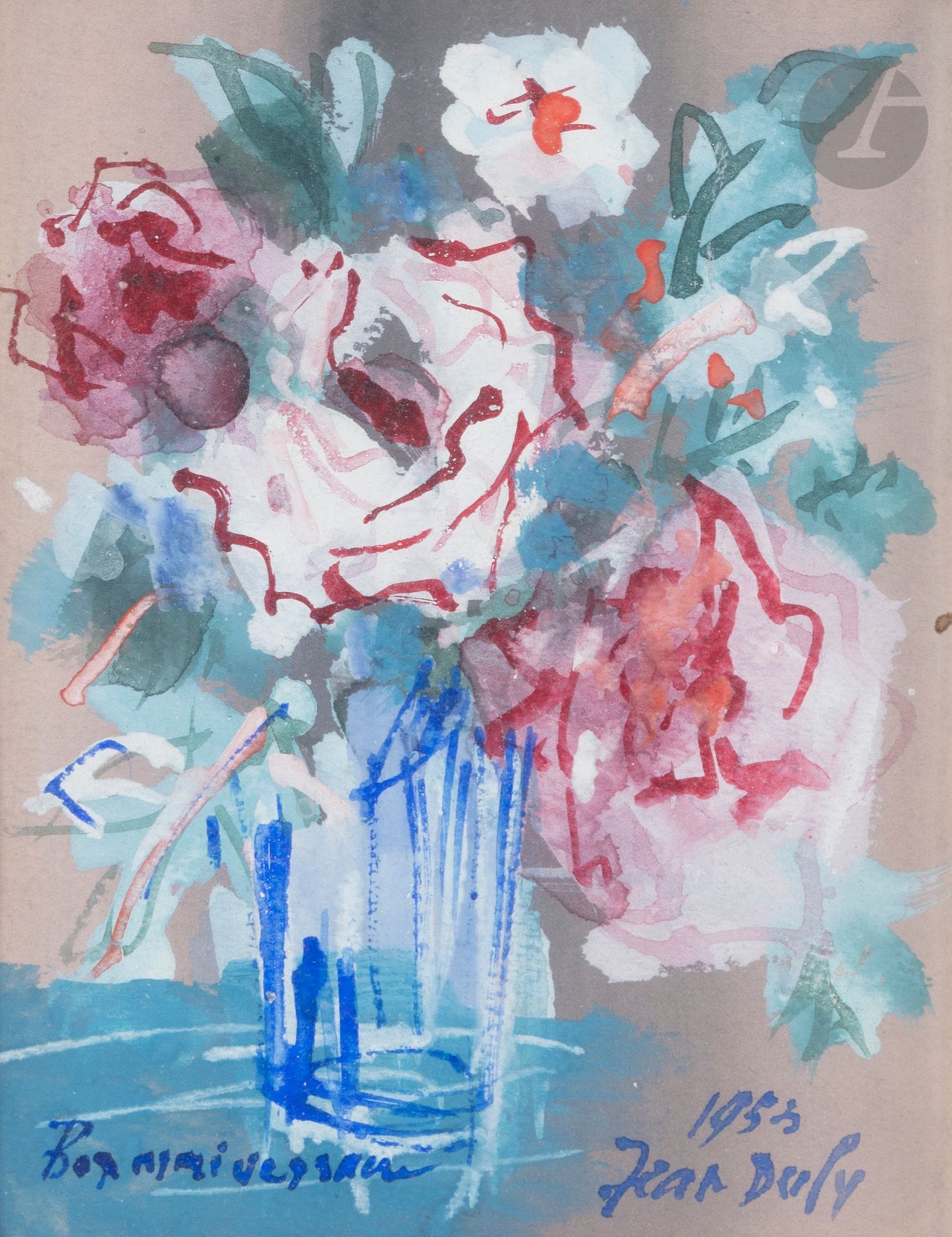 Jean DUFY (1888-1964)
Vase de fleurs, 1953
Gouache.
Signée, datée et annotée « Bon anniversaire ».
Signée, datée et dédicacée au dos.
14,5 x 11,5 cm
