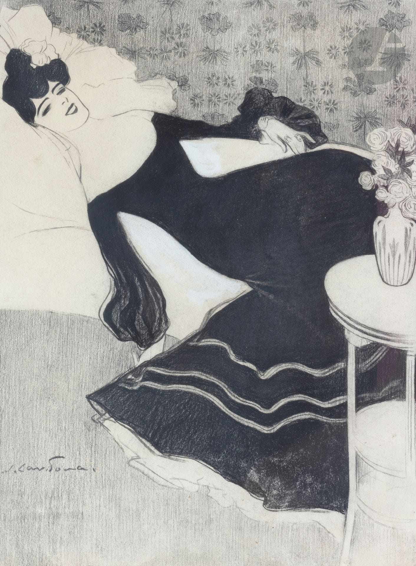 Joan CARDONA LLADOS (1877-1958)
Woman on sofa
Charcoal, black pencil and gouache highlights.
Signed lower left.
42 x 31.5 cm