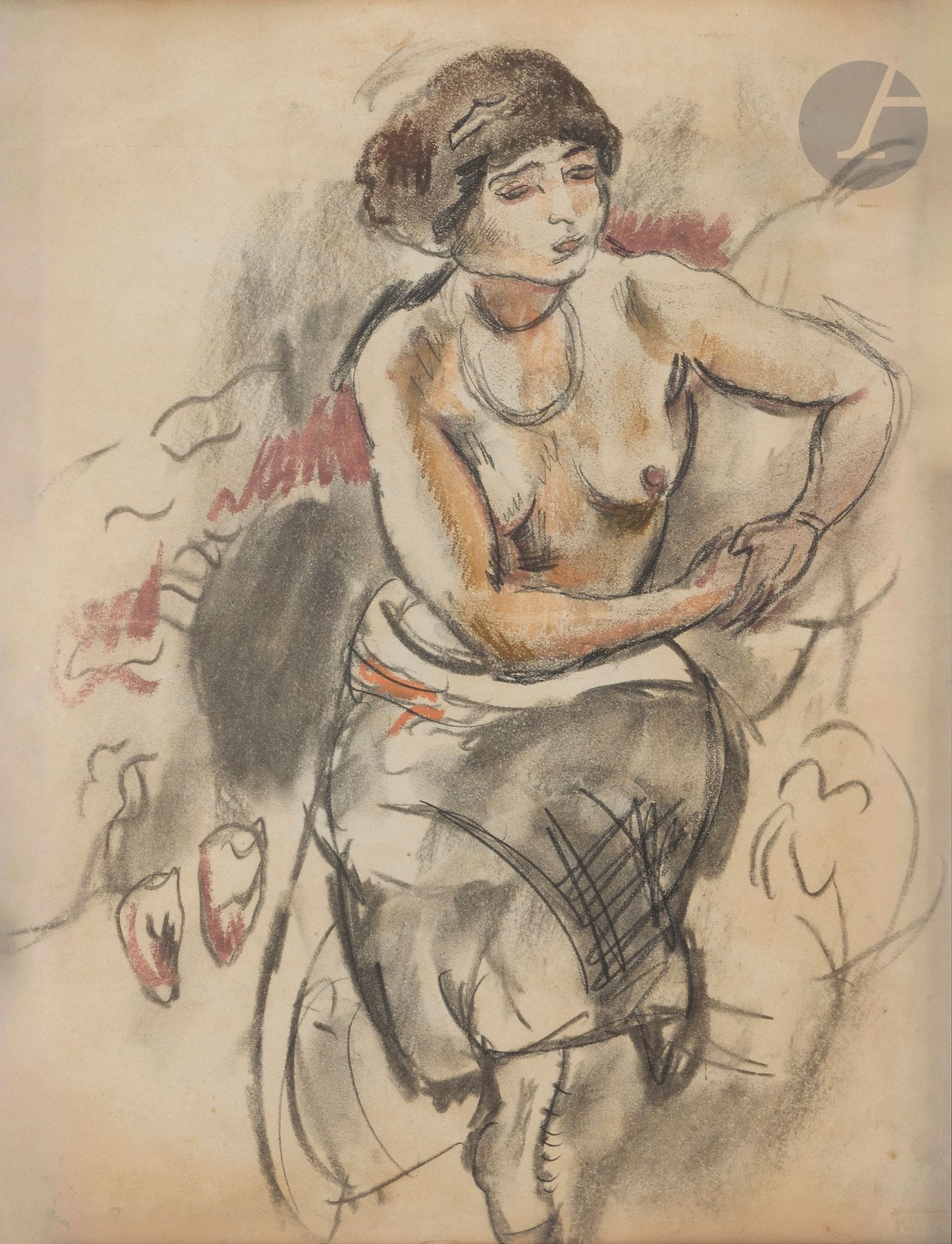 Julius Pincas known as PASCIN (1885-1930)
Seated nude woman
Charcoal and pastel.
Stamped lower right.
32 x 24.5 cm

Provenance : 
Sale by Me Rheims, Hôtel Drouot, Paris, December 13, 1961, no. 154.