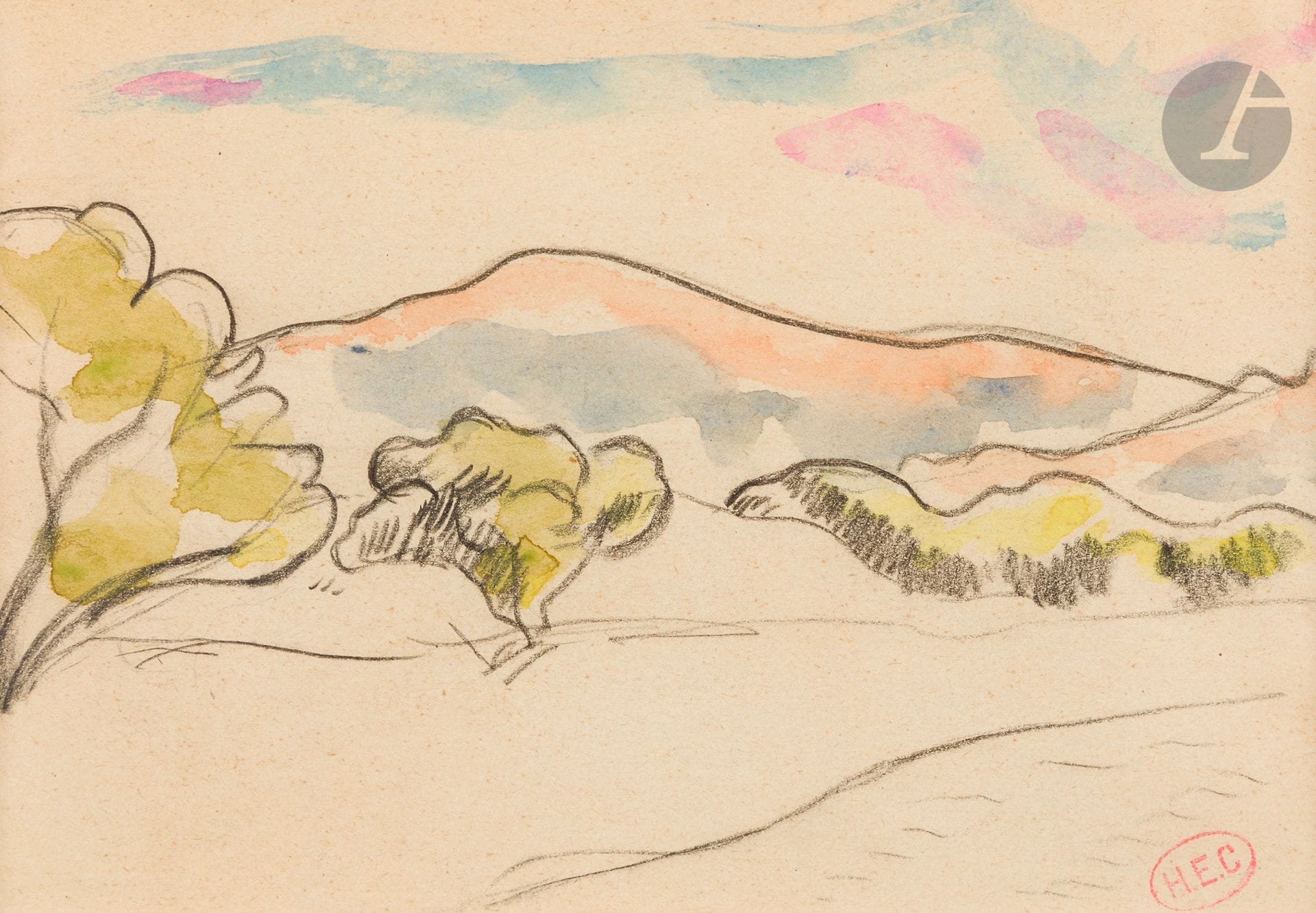 Henri Edmond CROSS (1856-1910)
Paysage de Provence
Aquarelle et crayon noir.
Timbrée en bas à droite (Lugt 1305a).
11 x 16 cm