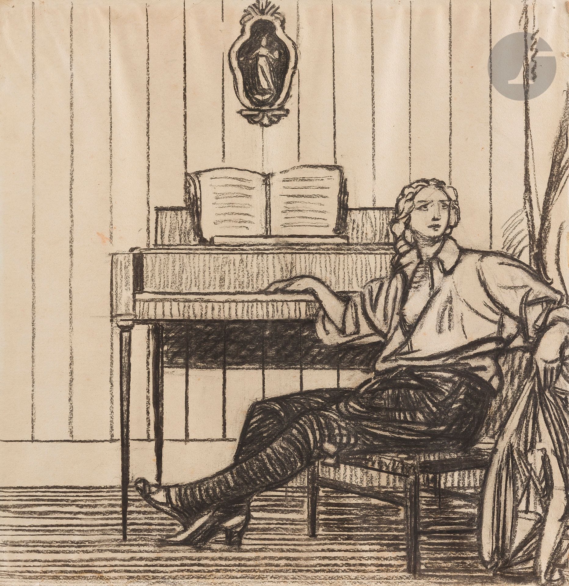 Maxime DETHOMAS (1867-1929)
Woman at the piano
Charcoal.
Unsigned.
(Fading, edges of paper glued to cardboard).
41 x 40 cm