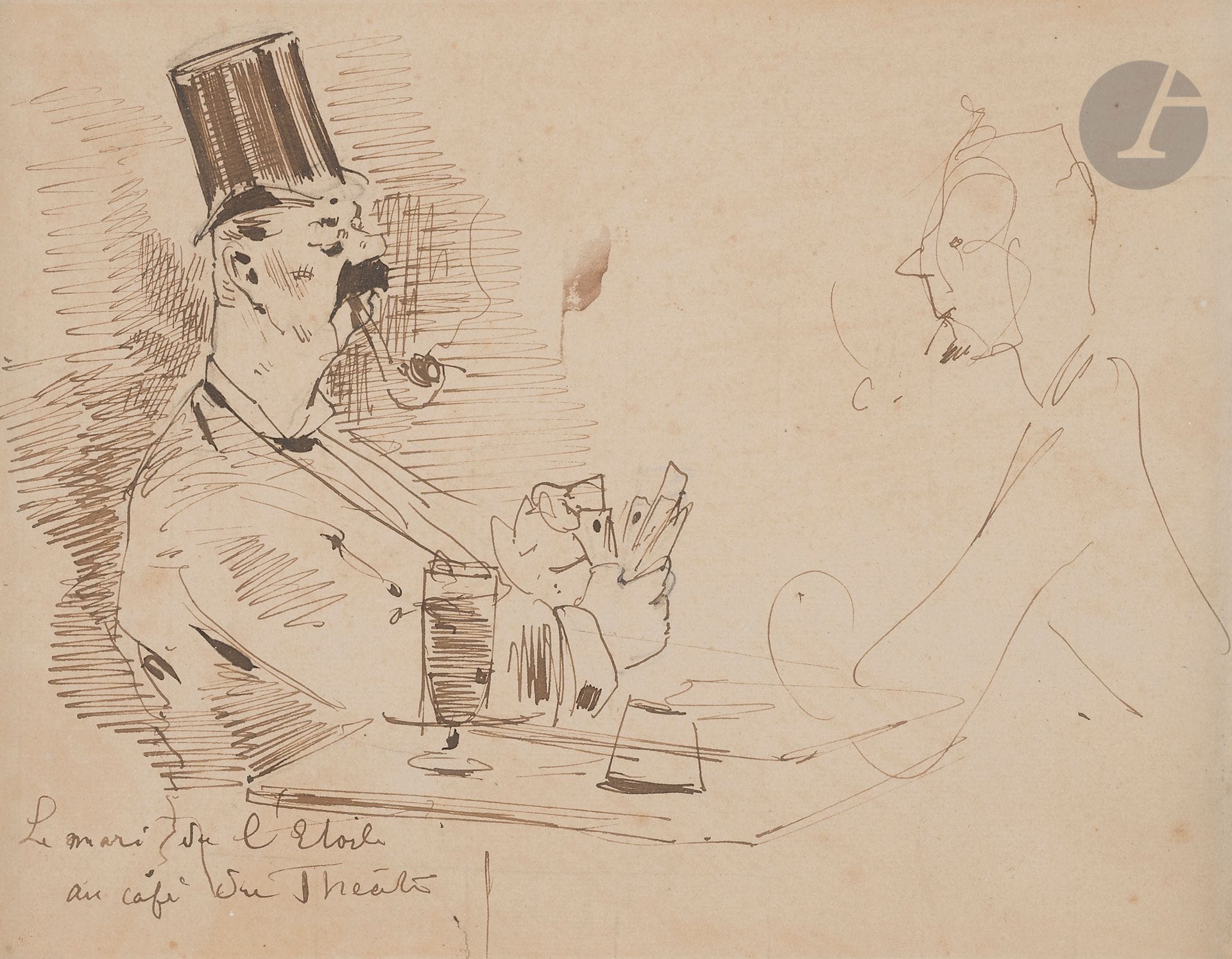 Jean-Louis FORAIN (1852-1931)
Mari de l’Étoile au café du théâtre
Encre brune.
Non signée.
16 x 20 cm

Exposition : 
La Femme, Galerie Jean-Claude Bellier, Paris, 1968-1969, catalogue, n°38.