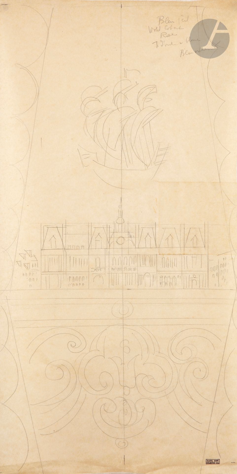 Raoul DUFY (1877-1953)
Study for the Mobilier National
Graphite on tracing paper mounted on unmounted canvas.
Stamped lower right.
Annotated upper right.
75 x 37 cm