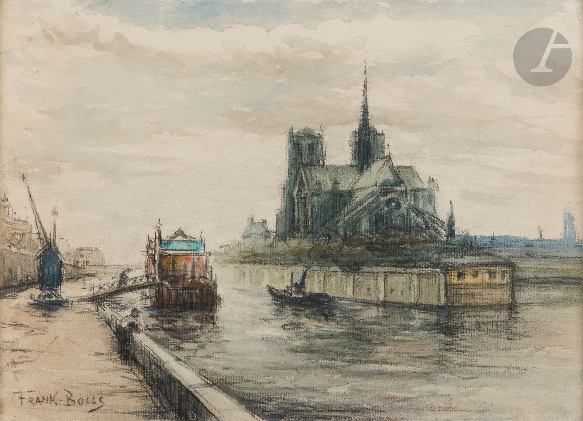 Frank-Myers BOGGS (1855-1926)
Paris, la Seine et Notre-Dame
Fusain et aquarelle.
Signé en bas à gauche.
23 x 32,5 cm