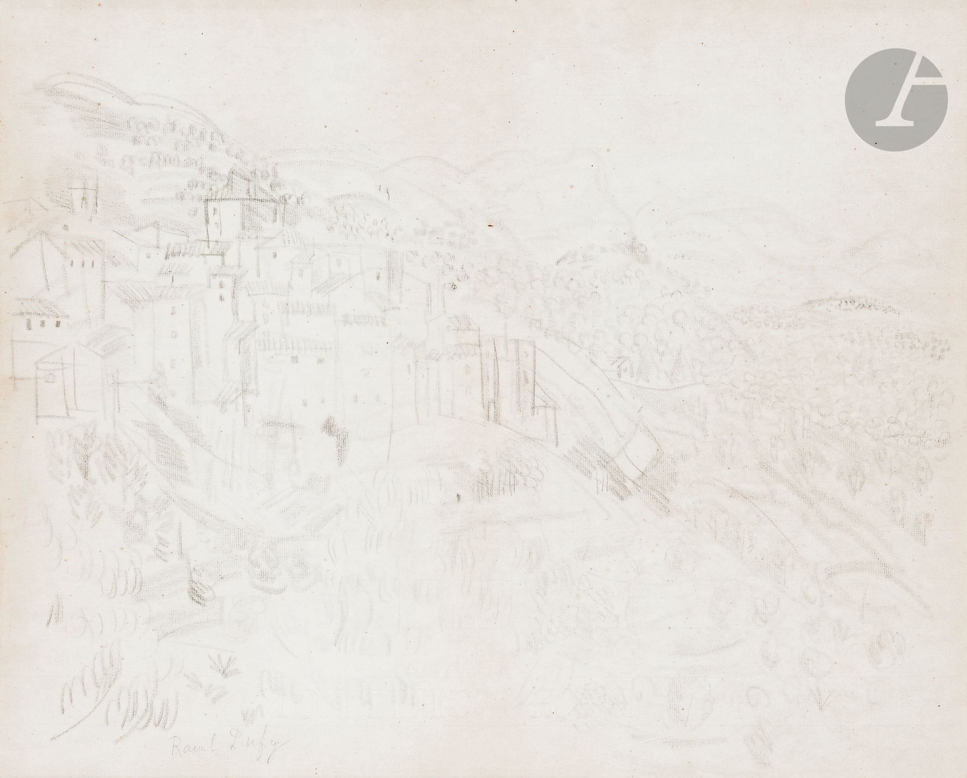 Raoul DUFY (1877-1953)
Village fortifié en Provence
Mine de plomb et estompe.
Signée en bas à gauche.
43 x 54 cm

Provenance : 
Vente Me Oury, Hôtel Drouot, Paris, 21 décembre 1959, n°88.