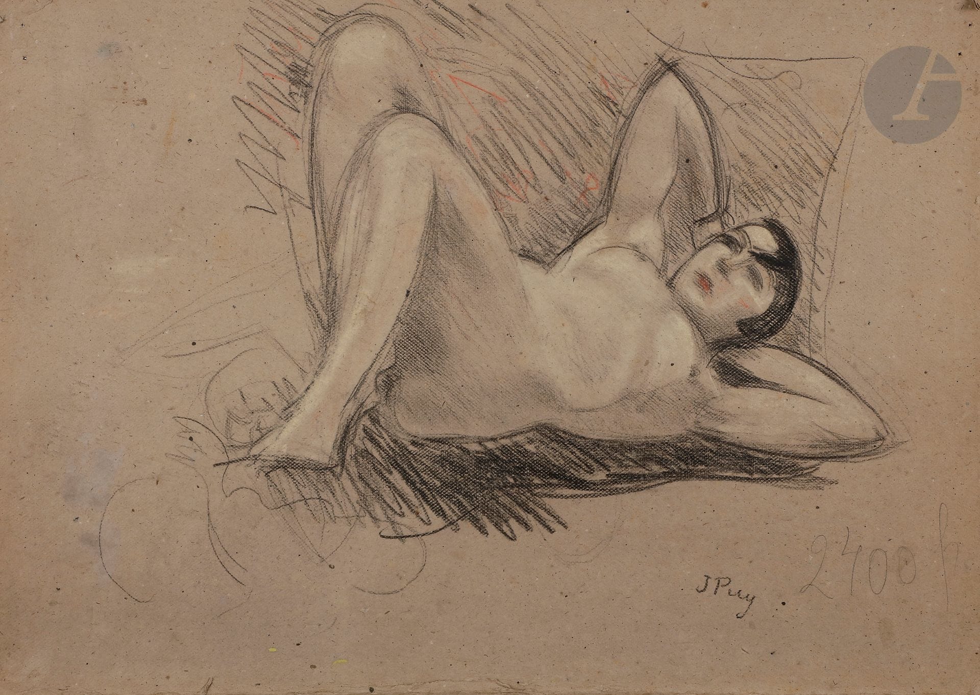 Jean PUY (1876-1960)
Femme nue alanguie
Crayon noir, crayons de couleur et rehauts de pastel sur carton.
Signé en bas à droite.
Esquisse au dos.
(Taches, frottements).
37,5 x 53 cm