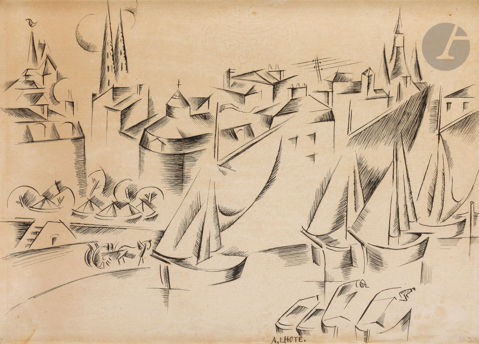 André LHOTE (1885-1962)
Le Port de Bordeaux, 1911
Encre.
Signée en pied.
(Rousseurs, papier oxydé).
26,5 x 37,5 cm

Nous remercions Madame Dominique Bermann Martin d’avoir confirmé l’authenticité de cette œuvre.
