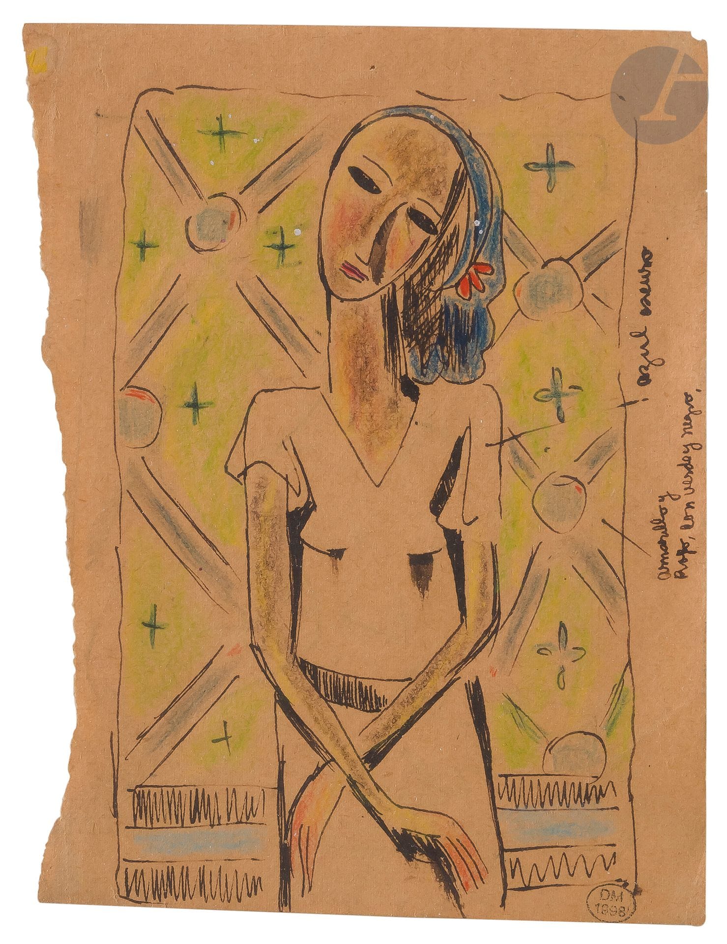 Wifredo LAM (1902-1982)
Woman with bent head, circa 1937
Black ink and colored pencil.
(Tear at left).
15.5 x 11.5 cm

Provenance :
Last Memories of Dora Maar" sale Piasa, Paris, May 26, 1999, no. 36.