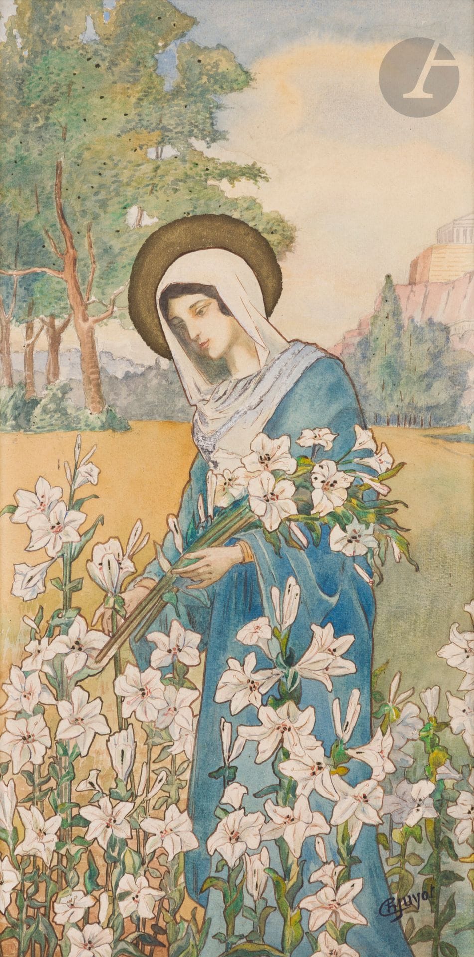 Jean-Georges HUYOT dit Georges AURIOL (1863-1938)
Sainte cueillant des lys
Aquarelle sur traits de crayon, rehauts de gouache et peinture or.
Signée en bas à droite.
(Petites oxydations).
59 x 34 cm