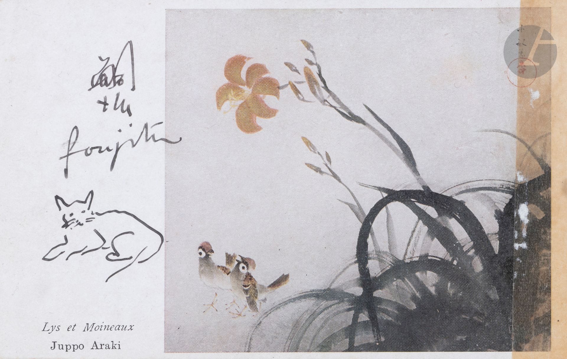 Léonard Tsuguharu FOUJITA (1886-1968)
Chat couché, 1941
Encre sur carte postale.
Signée dans la composition.
(Traces de scotch).
9 x 14 cm
 
Cette dédicace a été réalisée lorsque Foujita était responsable de la culture au Japon en Indochine pendant la guerre.