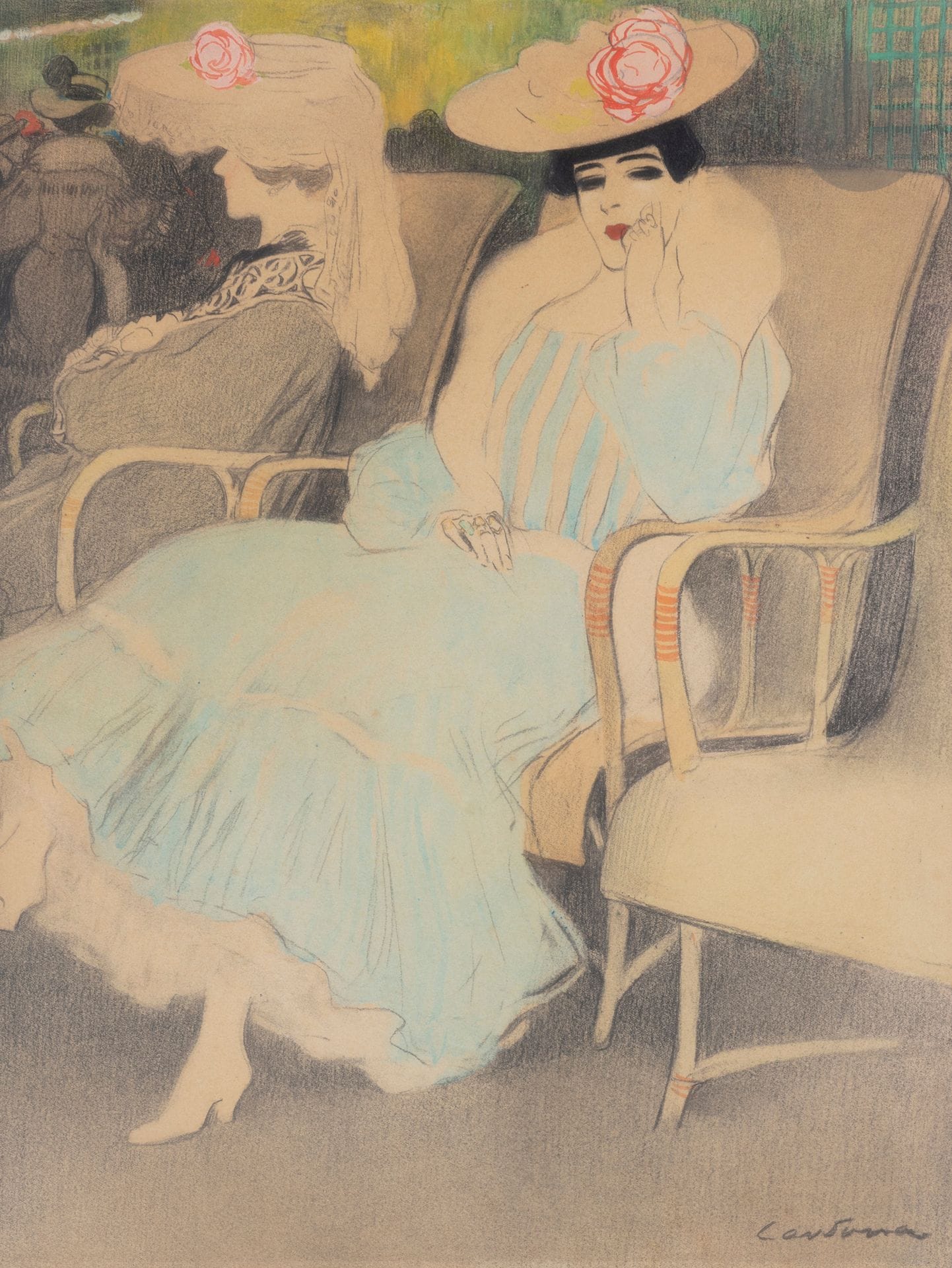 Joan CARDONA LLADOS (1877-1958)
Élégantes au jardin
Crayon noir, estompe, aquarelle et rehauts de gouache.
Signé en bas à droite.
41 x 31 cm
