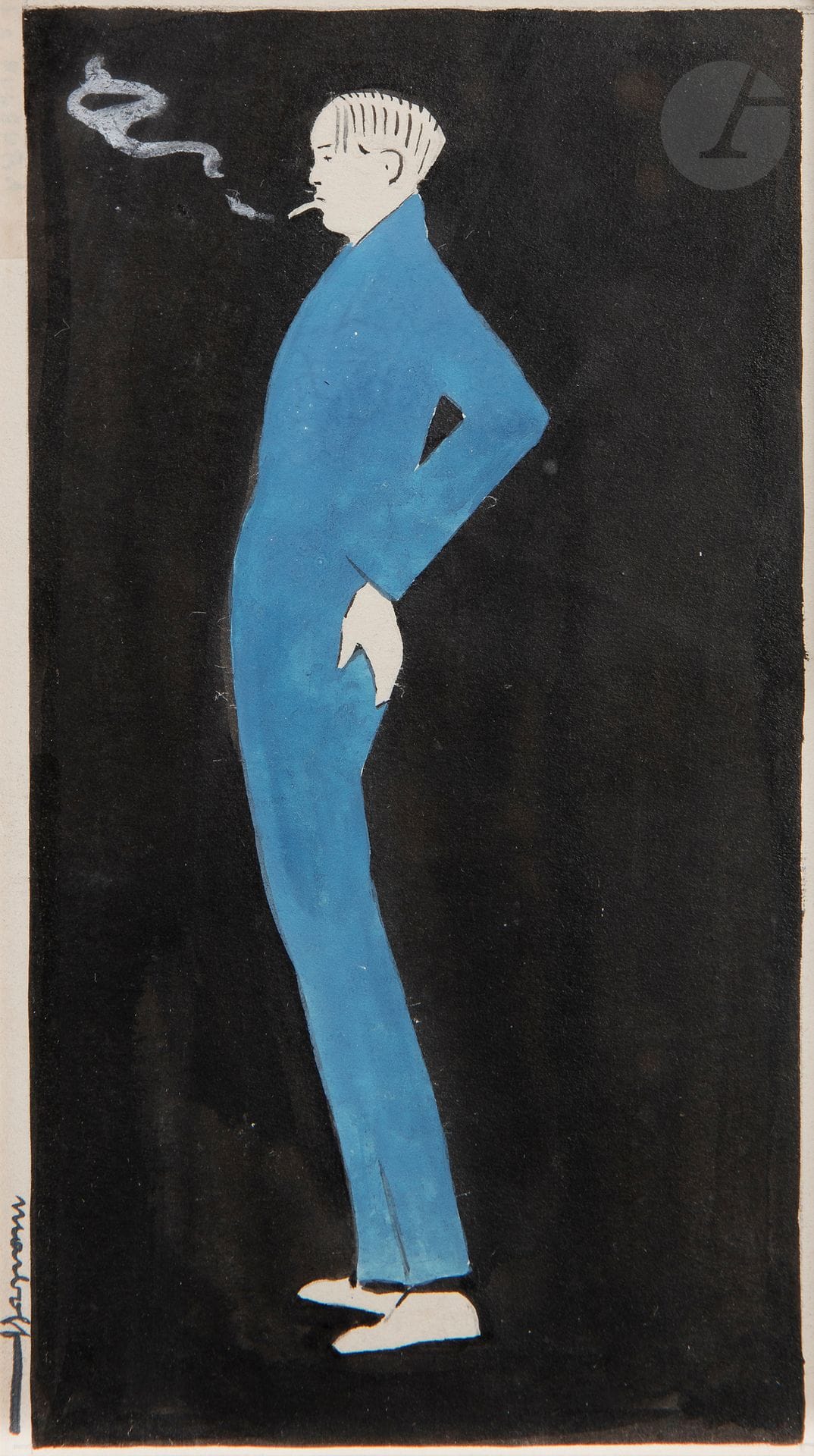 Marcel-Louis BAUGNIET (1896-1995)
Le Fumeur, vers 1922
Encre et aquarelle.
Signée de son pseudonyme « Marboff » en bas à gauche.
Annotée « Fulgura » en haut à gauche (partiellement effacée).
16 x 9,5 cm

Marcel-Louis Baugniet ouvrit en 1922, avec l’aide d’un homme d’affaire bruxellois, un atelier de publicité du nom de Fulgura et réalisa des publicités, notamment pour des cigarettes turques.