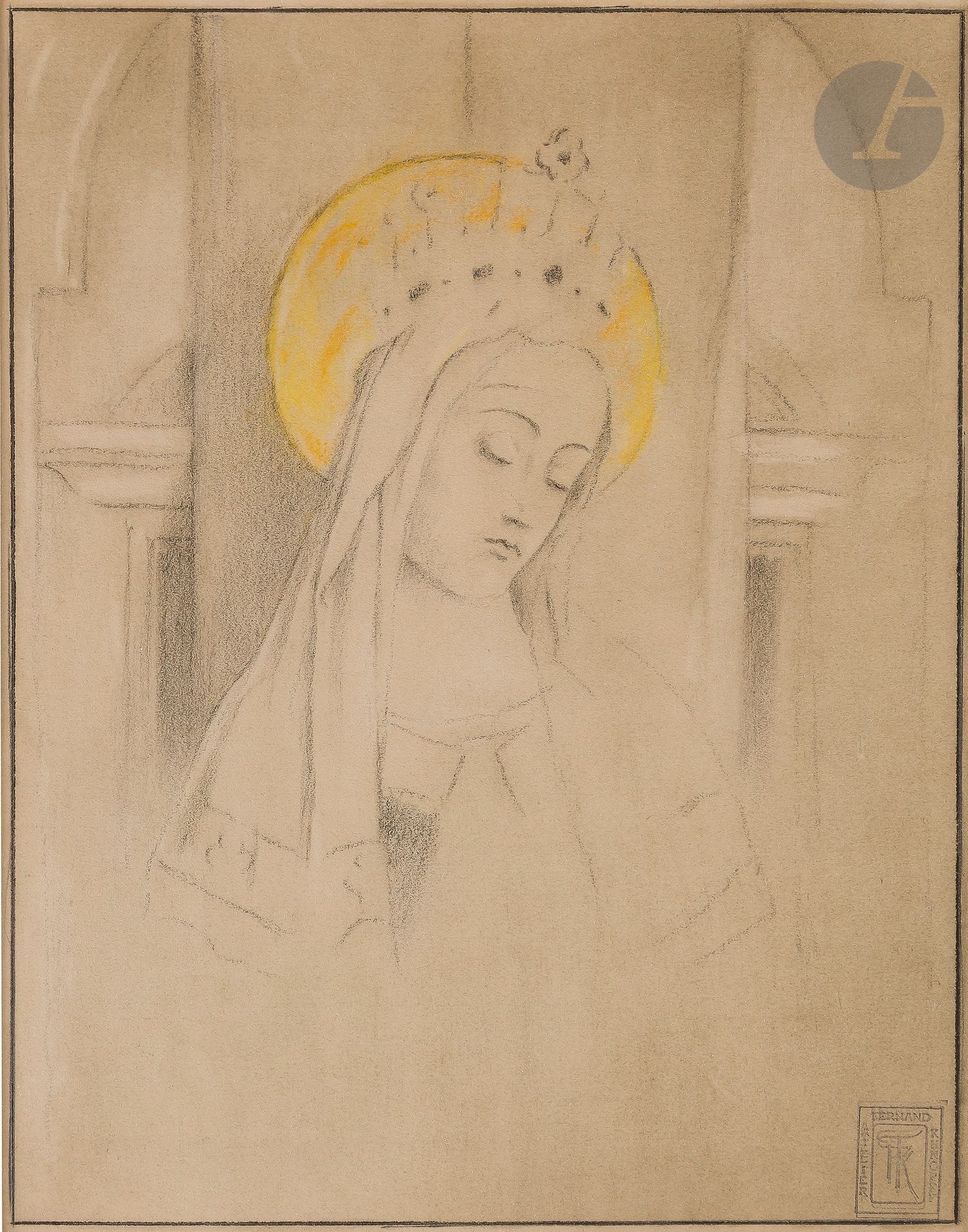 Fernand KHNOPFF (1858-1921)
La Sainte, vers 1914
Fusain et pastel.
Timbre de l’atelier en bas à droite.
27 x 24 cm

Provenance : 
- Marguerite Freson-Khnopff, Liège.
- Famille Thibaut de Maisières, Seneffe.
- Galerie l’Ecuyer, Bruxelles.
- The Piccadilly Gallery, Londres.

Expositions :
- Fernand Khnopff, Galerie l’Ecuyer, 1971 (hors catalogue).
- Belgian Drawings, The Piccadilly Gallery, Londres, 1971, catalogue, n°28.

Bibliographie : 
R.L. Delevoy, C. de Croes, G. O. Zinque, Fernand Khnopff, Catalogue raisonné, Éditions Lebeer-Hossmann, 1979, n°534, p. 382.