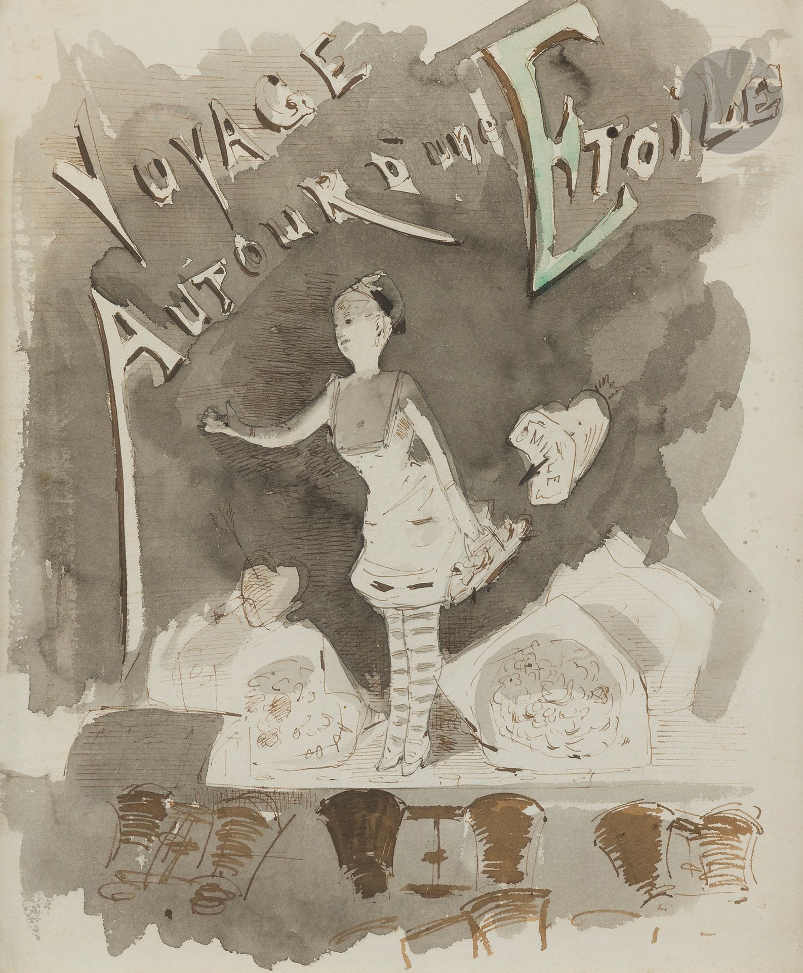 Jean-Louis FORAIN (1852-1931)
Journey around a Star
Ink, ink wash and watercolor.
Unsigned.
28.5 x 23.5 cm

Exhibition: 
La Femme, Galerie Jean-Claude Bellier, Paris, 1968-1969, catalog, n°37.