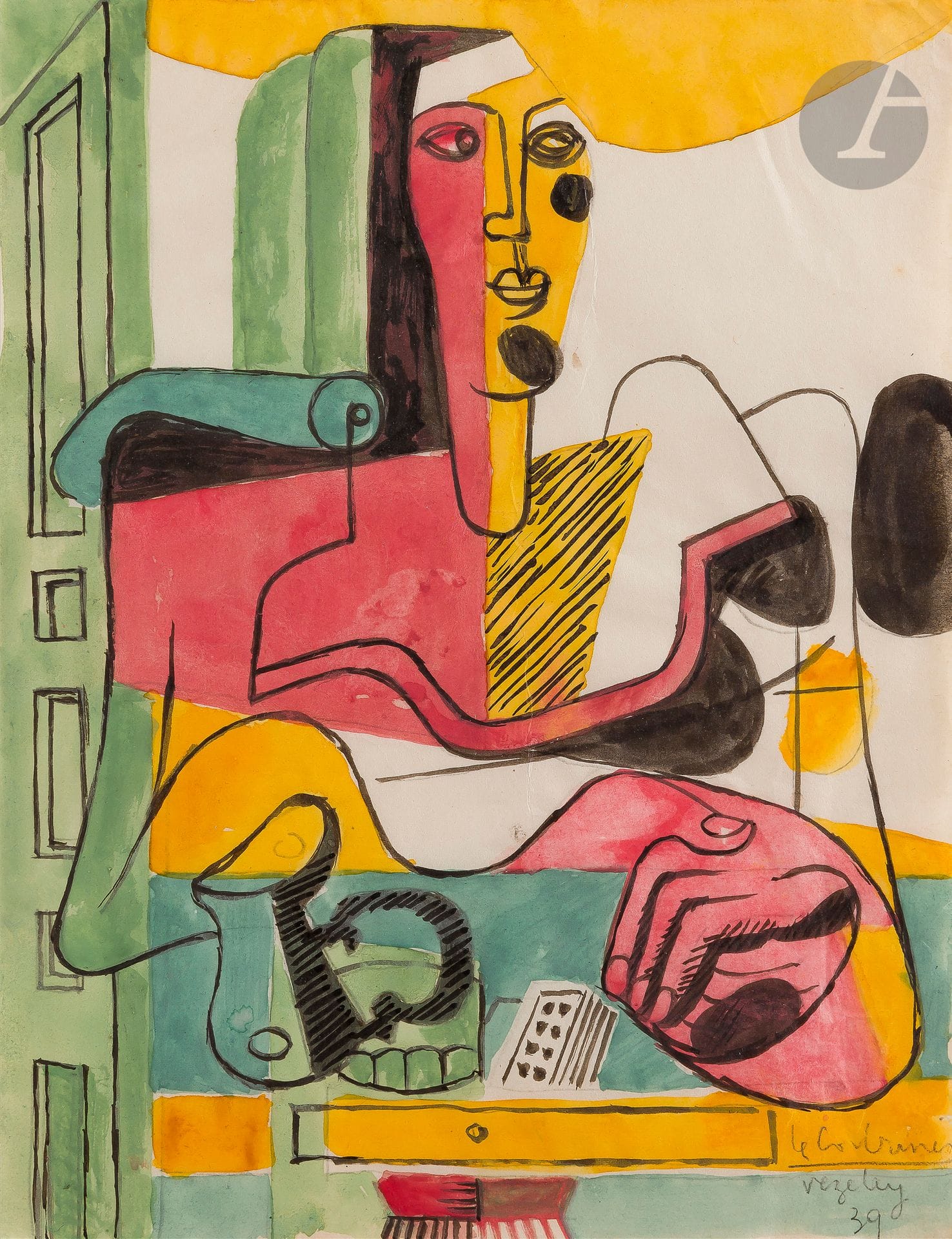 Charles-Edouard JEANNERET dit LE CORBUSIER (1887-1965)
Femme au guéridon, 1939
Aquarelle sur traits de mine de graphite sur papier vélin fin.
Signé « Le Corbusier », situé « Vézelay » et daté « (19)39 » en bas à droite.
27 x 21 cm

Une attestation de Monsieur Éric Mouchet, en date du 30 septembre 2023, sera remise à l’acquéreur.