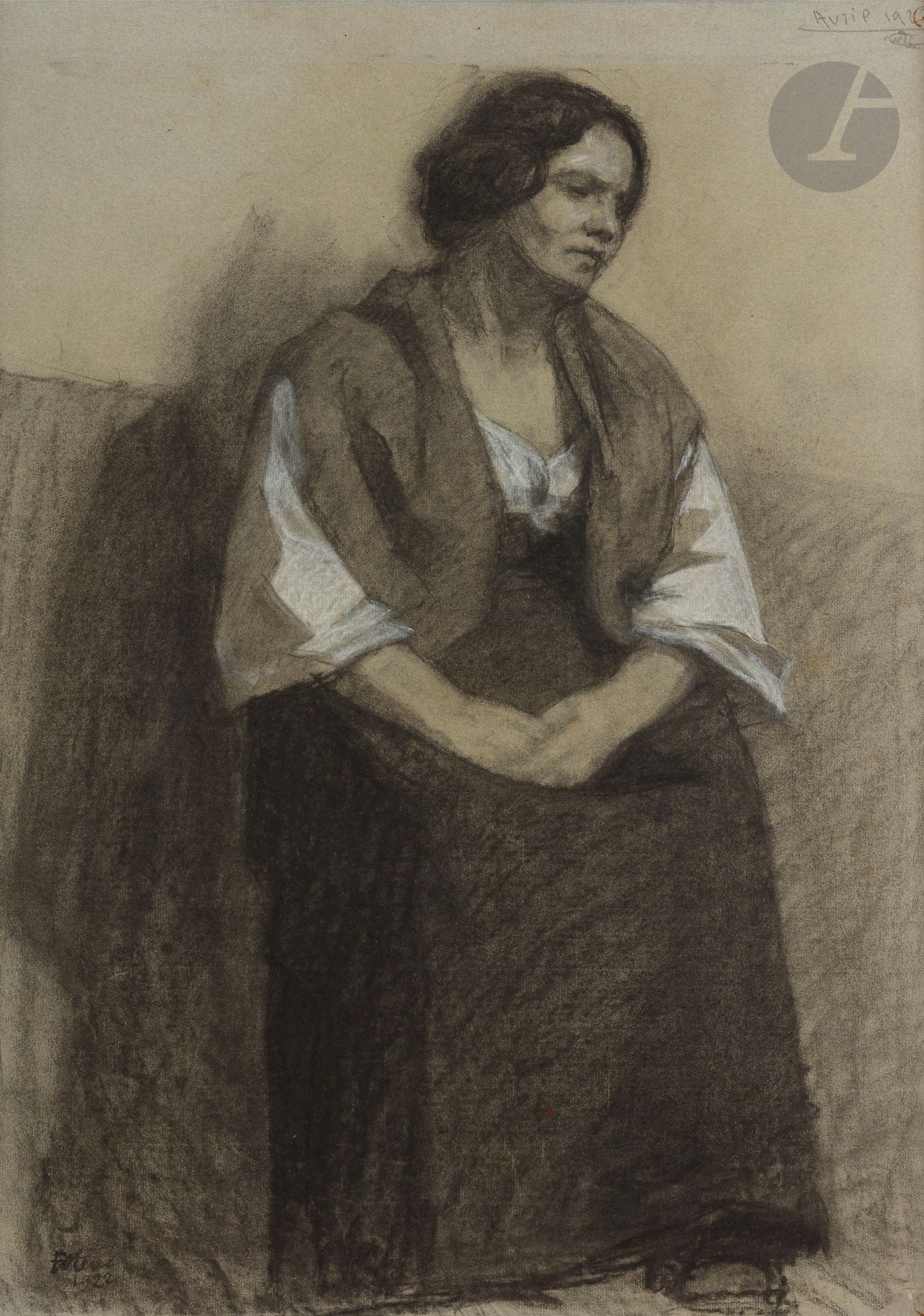 Maurice ESTÈVE (1904-2001)
Woman, 1922
Charcoal and white stone.
Signed and dated lower left.
Redated "April 1922" upper right.
63 x 45 cm

We would like to thank Madame Monique Estève for confirming the authenticity of this work.