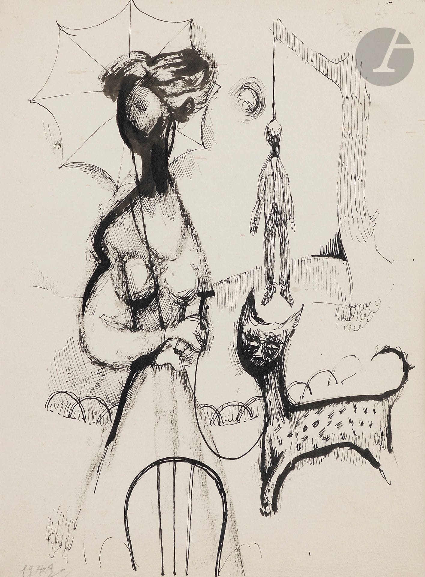Mario PRASSINOS (1916-1985)
Woman with cat, 1942
Ink.
Dated lower left.
Signature stamp lower right.
31 x 24 cm
