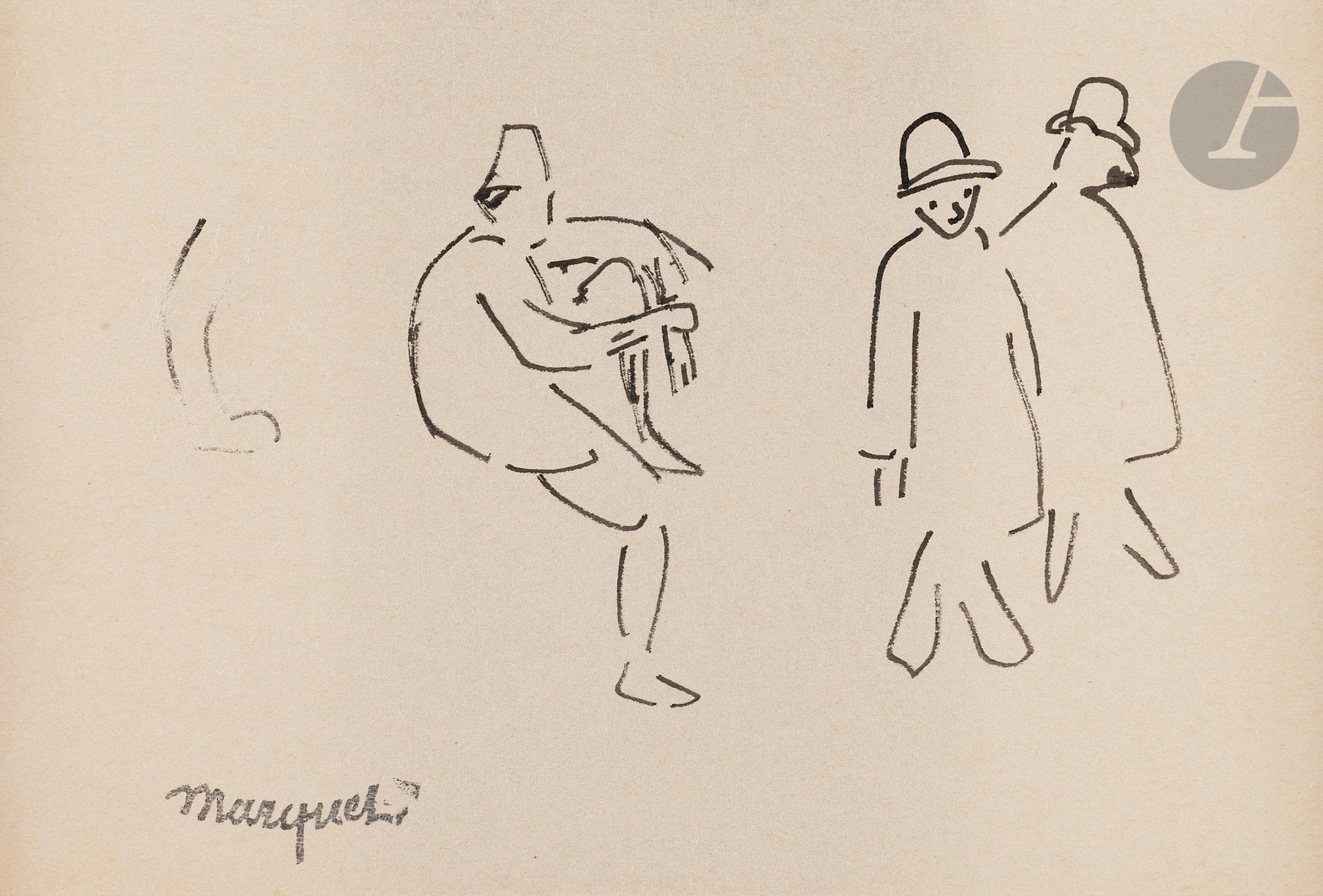Albert MARQUET (1875-1947)
People in Algeria
Ink.
Stamped lower left.
9 x 14 cm

Provenance : 
- Galerie Motte, Paris (label on back of mount).
- Sale by Me Rheims, Hôtel Drouot, Paris, February 20, 1970, no. 56.