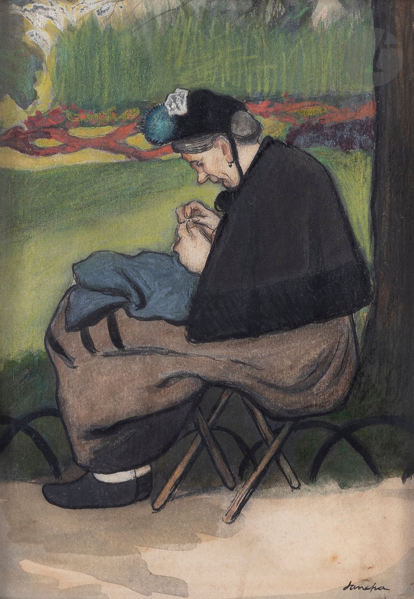 José SANCHA (1908-1994)
Woman sewing
Ink, watercolor and pastel highlights.
Signed lower right.
20.5 x 14.5 cm