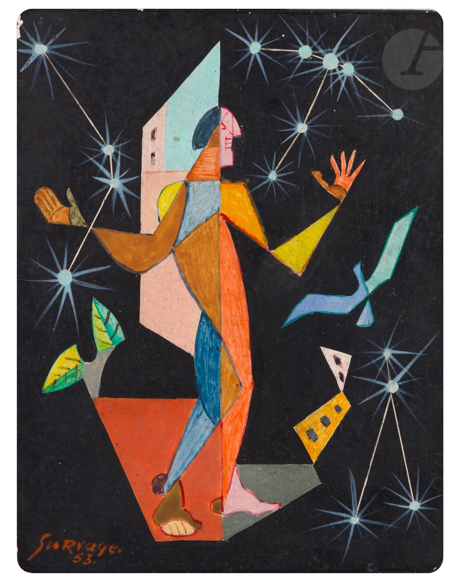 Léopold SURVAGE (1879-1968)
L’Homme aux étoiles, 1953
Caséine sur panneau.
Signée et datée en bas à gauche.
(Manques sur les bords).
13 x 10 cm

Nous remercions Madame Anne-Marie Di Vieto d’avoir confirmé l’authenticité de cette œuvre.