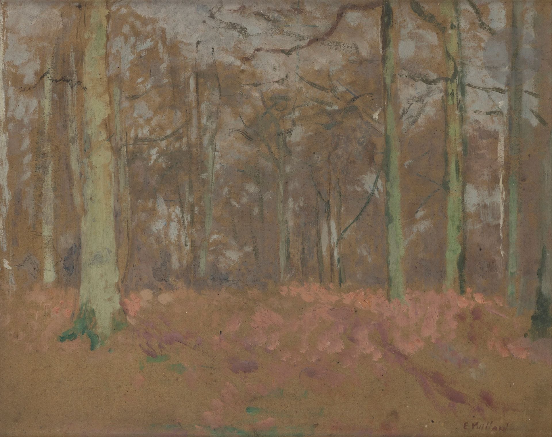 Édouard VUILLARD (1868-1940)
Landscape
Oil on cardboard.
Stamped lower right (Lugt 2497a).
32 x 40 cm

Provenance : 
Collection of M. Bosco, Saint-Germain-en-Laye.

Bibliography : 
Antoine Salomon, Guy Cogeval, Vuillard, Catalogue critique des peintures et pastels , Skira, Wildenstein Institute, 2003, n° I-52, p. 32, wrong reproduction number (I-52).
