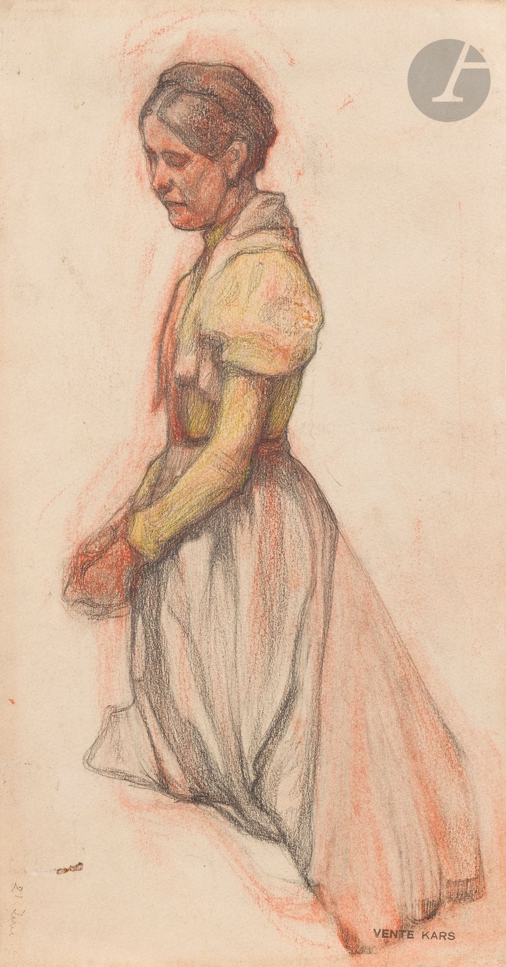 Jiri Karpeles known as Georges KARS (1882-1945)
Kneeling woman
Charcoal, red chalk and colored pencil.
Studio sale stamp lower right.
30 x 17 cm