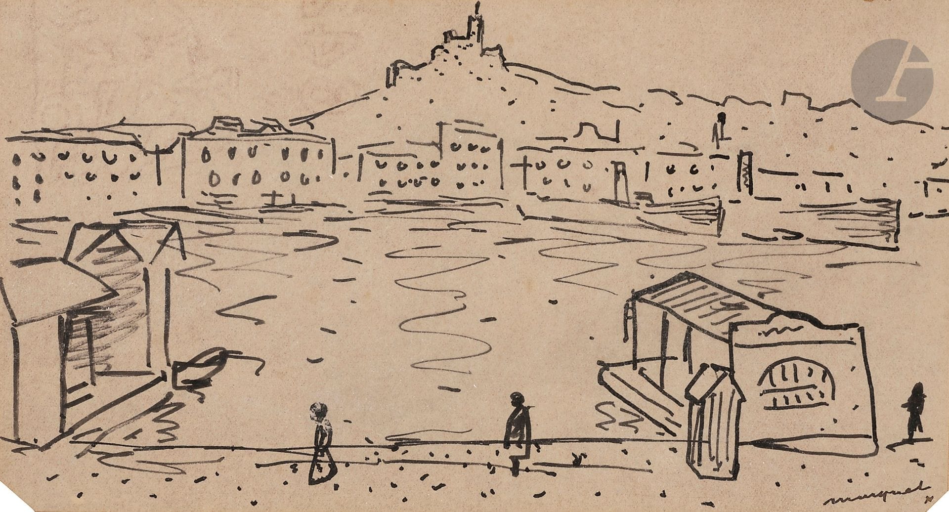 Albert MARQUET (1875-1947)
Marseille, the bustling old port
Ink.
Signed lower right.
(Oxidized paper).
9 x 18 cm

Provenance : 
Sale by Me Rheims, Hôtel Drouot, Paris, December 11, 1969, no. 48.

Probably a study for the oil on canvas Le Cheval à Marseille, 1916, reproduced in Albert Marquet - Peintures et Dessins, Collection du Musée des Beaux-Arts de Bordeaux, preface by Alain Juppé, Éditions Musée des Beaux-Arts de Bordeaux, 2002, reproduced under no. 17, unpaginated.
