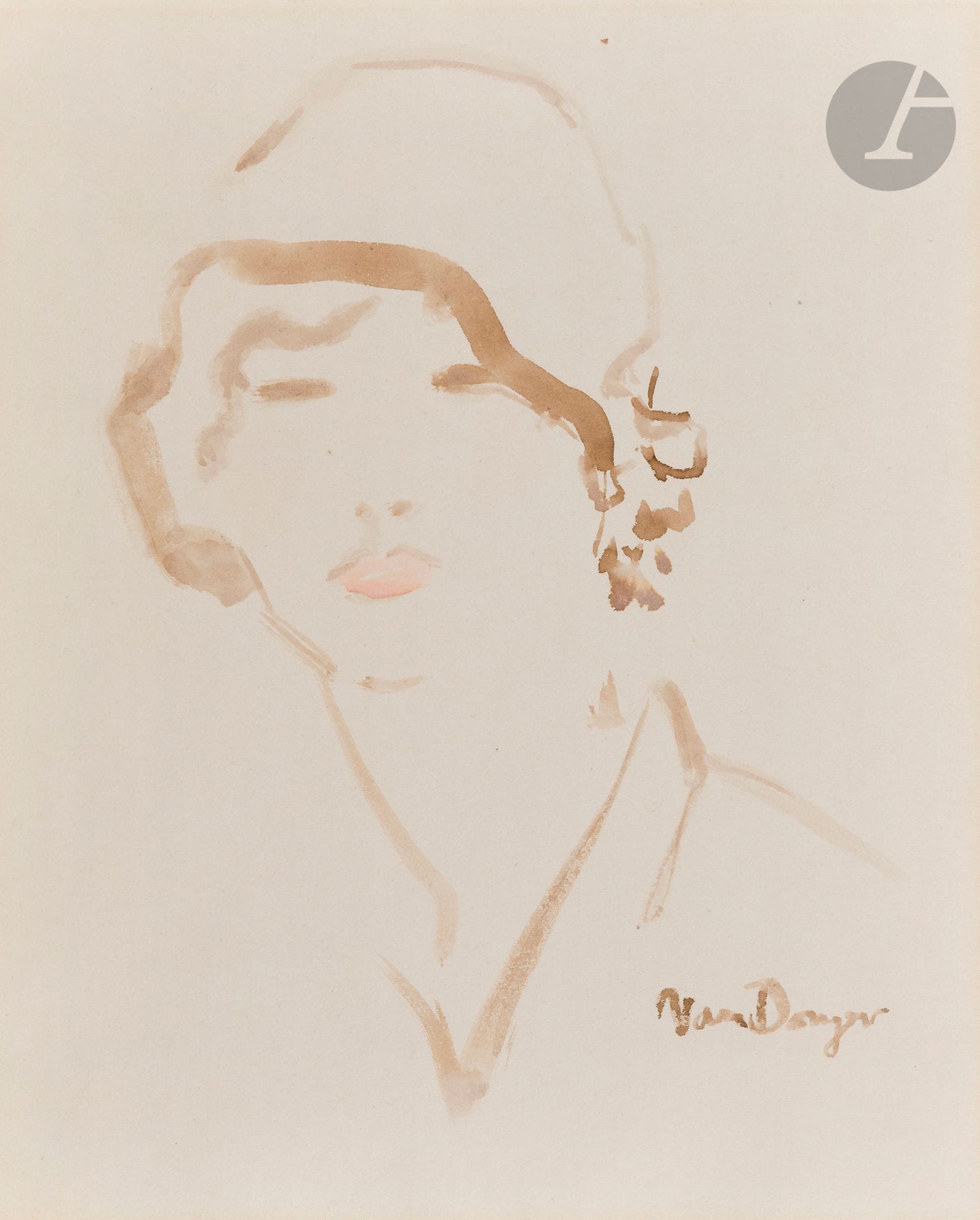 Kees VAN DONGEN (1877-1968)
Portrait de femme au chapeau
Lavis d’encre brune et aquarelle.
Signée en bas à droite.
(Manque et déchirure sur le bord inférieur, couleurs passées).
26,5 x 20,5 cm