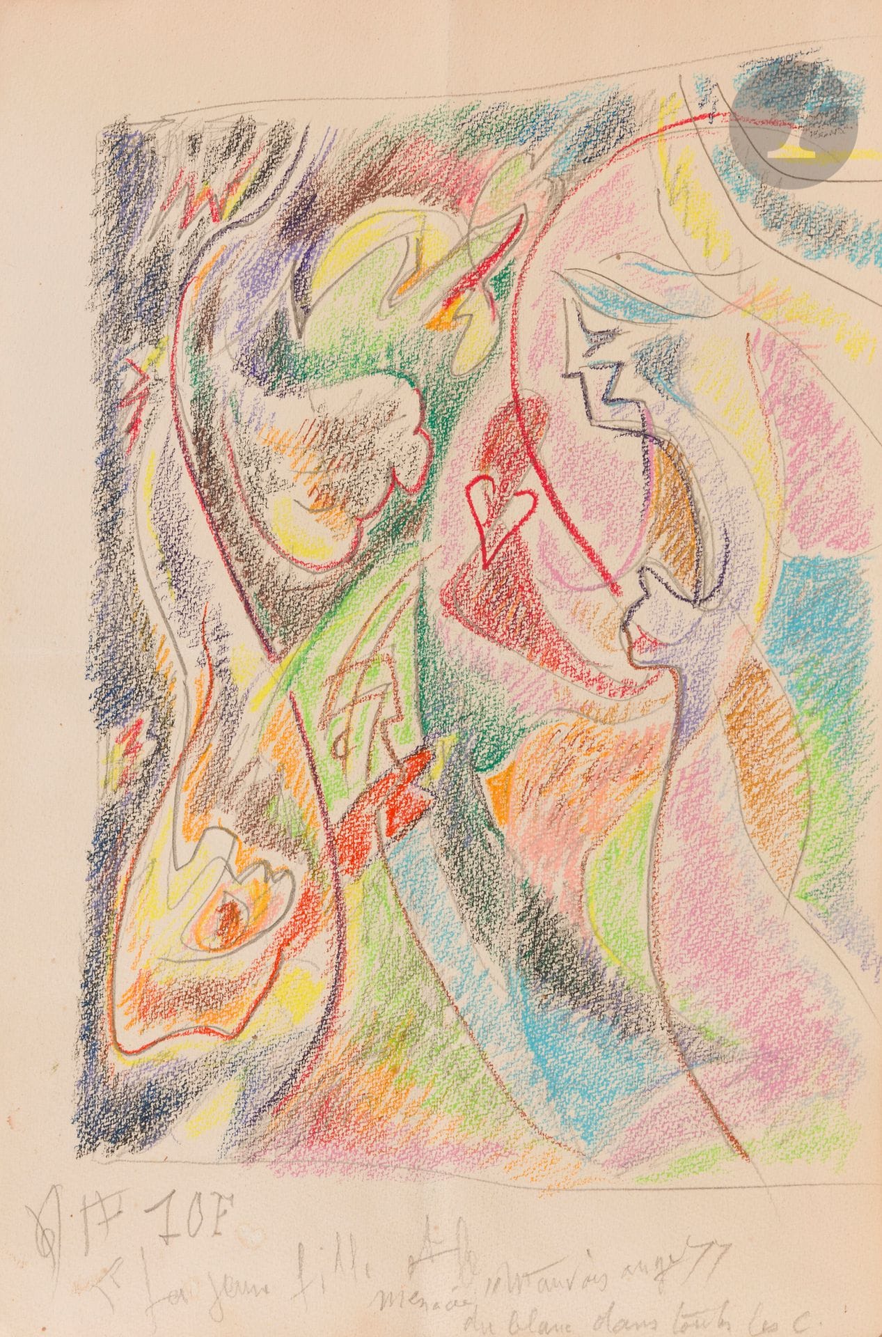 André MASSON (1896-1987)
La Jeune fille menacée ou Mauvais ange, vers 1975
Crayons de couleur sur feuille de carnet à croquis.
Non signée.
Titrée et annotée vers le bas.
29 x 21 cm

Un certificat de Diego Masson pour le Comité André Masson, en date du 26 septembre 1990, sera remis à l’acquéreur. 

Il s’agit d’une étude pour le tableau La Dame de Cœur.