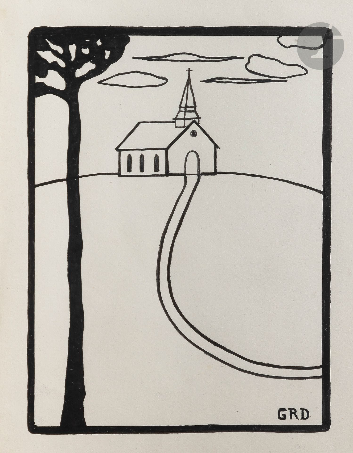 Georges RIBEMONT-DESSAIGNES 
(1884-1974)
L’Église sur la colline, vers 1910
Encre.
Monogrammée en bas à droite.
19 x 15 cm