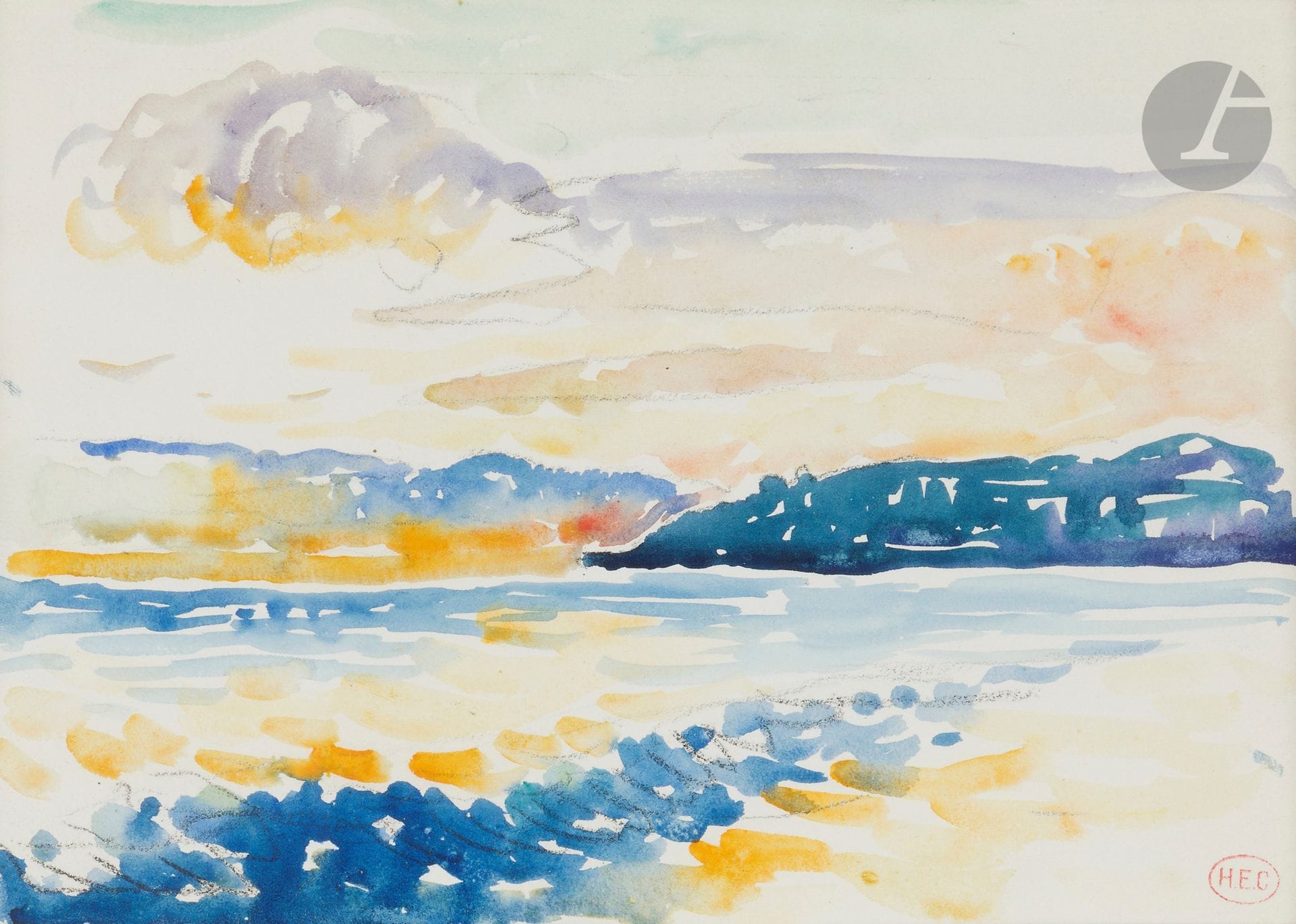 Henri Edmond CROSS (1856-1910)
Soleil couchant sur la mer, vers 1905
Aquarelle sur traits de crayon.
Timbrée en bas à droite (Lugt 1305a).
17 x 24,5 cm

Provenance : 
Vente Me Renaud, Hôtel Drouot, Paris, 25 avril 1975, n°57. 

 Un avis d'inclusion au catalogue des aquarelles de Henri Edmond Cross en préparation par Monsieur Patrick Offenstadt sera remis à l'acquéreur.