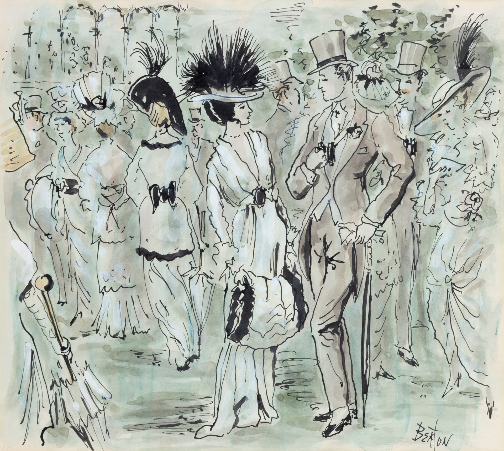 Cecil BEATON (1904-1980)
My Fair lady, vers 1950
Encre et aquarelle.
Signée en bas à droite.
25 x 28 cm

Provenance : 
Music Theatre Gallery, Londres (étiquette au dos sur le montage).