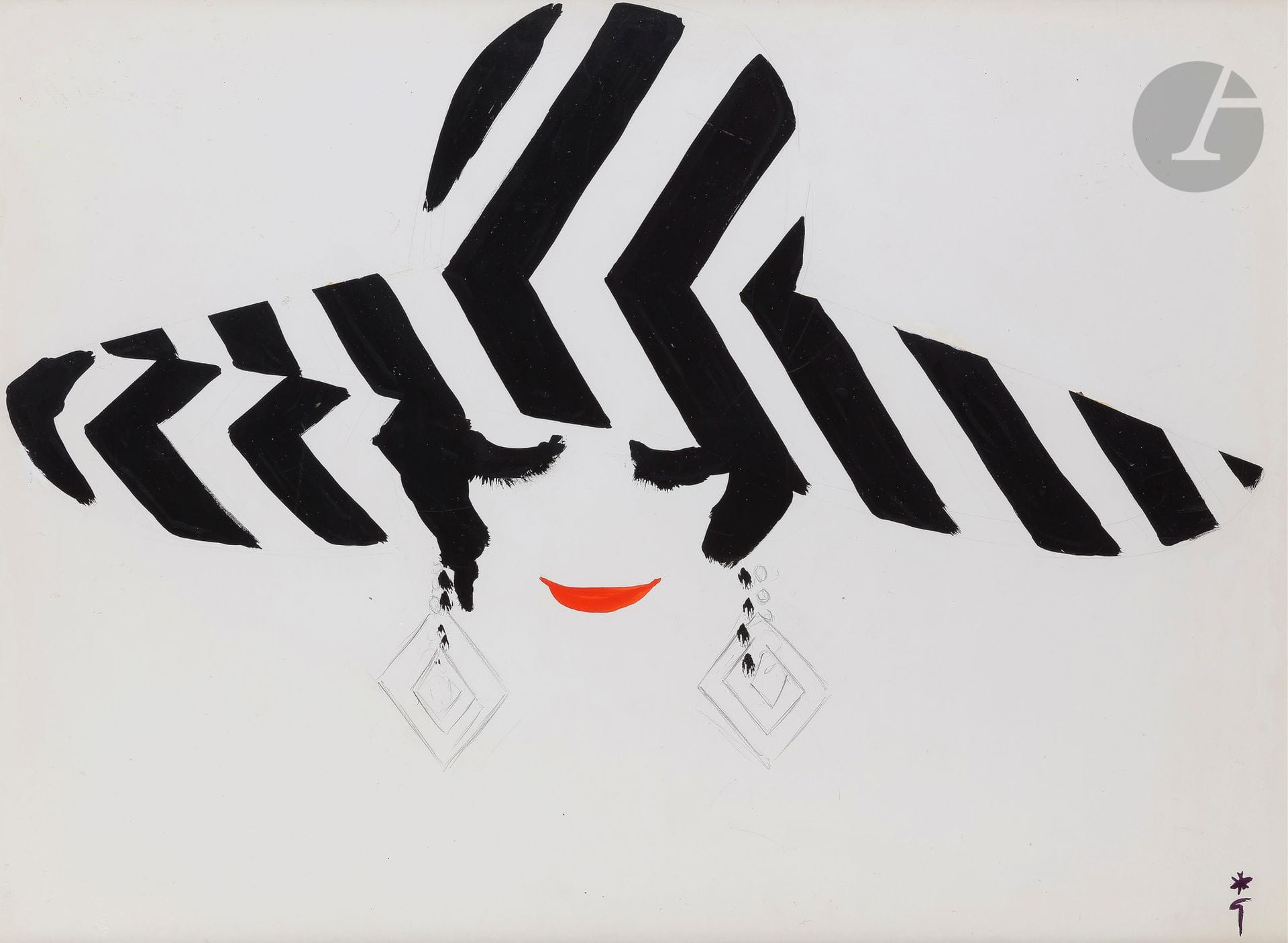 René GRUAU (1909-2004)
Woman with hat and earrings - double face
Gouache over pencil lines.
Monogrammed lower right on one side.
Dedicated "Pour le magasin de Printemps" upper right, stamped at the foot.
50 x 70 cm