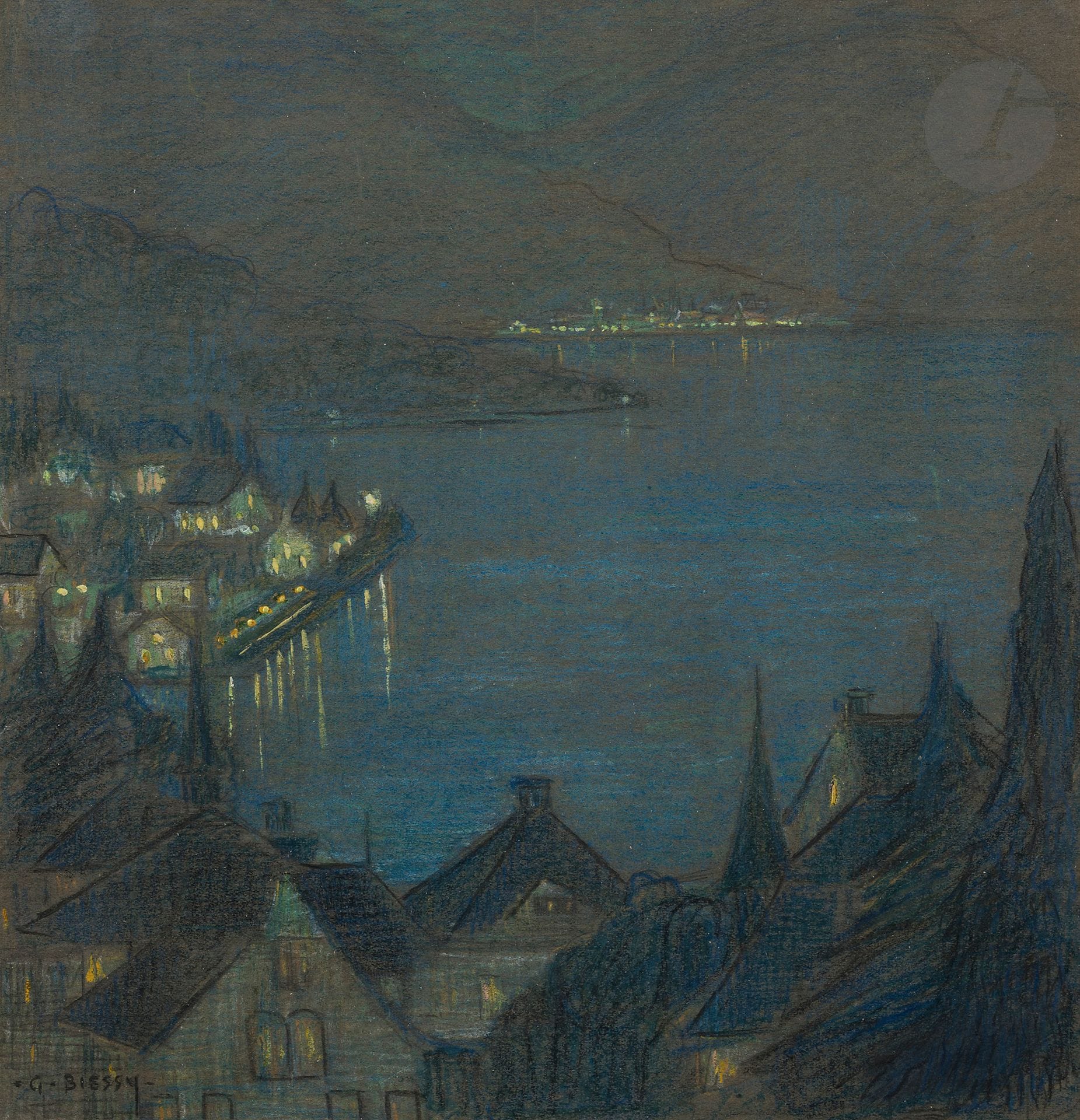 Gabriel Marie BIESSY (1854-1935)
Lakeside village at night
Colored pencil and gouache highlights.
Signed lower right.
25 x 24 cm