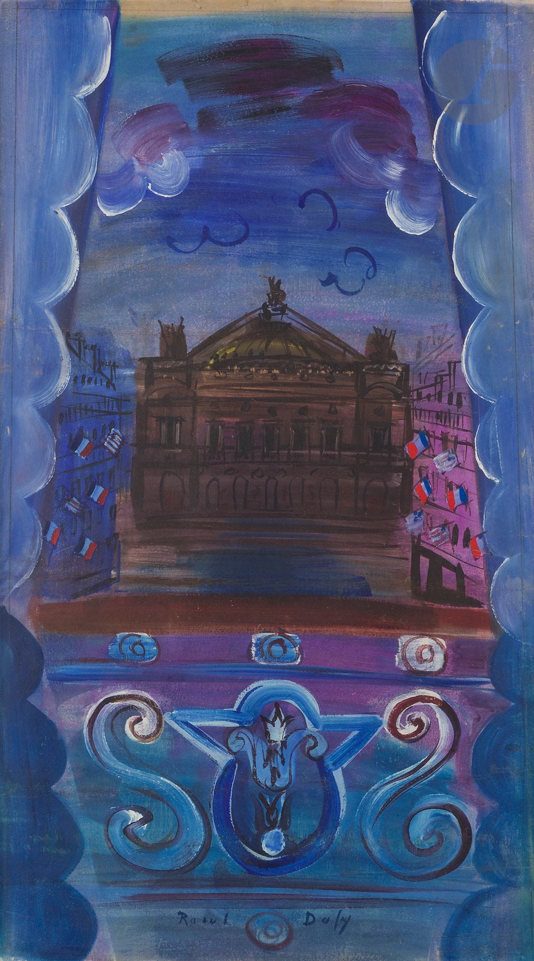 Raoul DUFY (1877-1953)
Window on the Opera
Gouache on paper mounted on canvas.
Signed at foot.
70 x 41 cm

Provenance : 
Sale by Me Laurin, Palais Galliera, Paris, December 6, 1966, no. 106, reproduced in the catalog.

A letter of information from Galerie Louis Carré, dated July 3, 1981, informing that the work will be listed in Volume II of the Catalogue raisonné of watercolors, gouaches and pastels by Raoul Dufy by Fanny Guillon-Laffaille, will be given to the buyer.