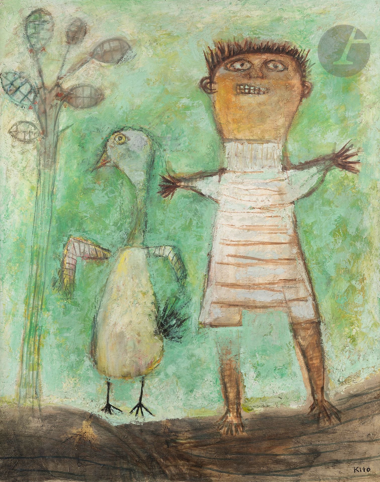 Akira KITO (1925-1994) 
Figure with bird, circa 1955-56 
Oil on canvas. 
Signed lower right. 
(Small cracks). 
92 x 73 cm 

Provenance : 
- Aiko Miyawaki Collection, Paris.
- Marcel Camard Collection, close relative.