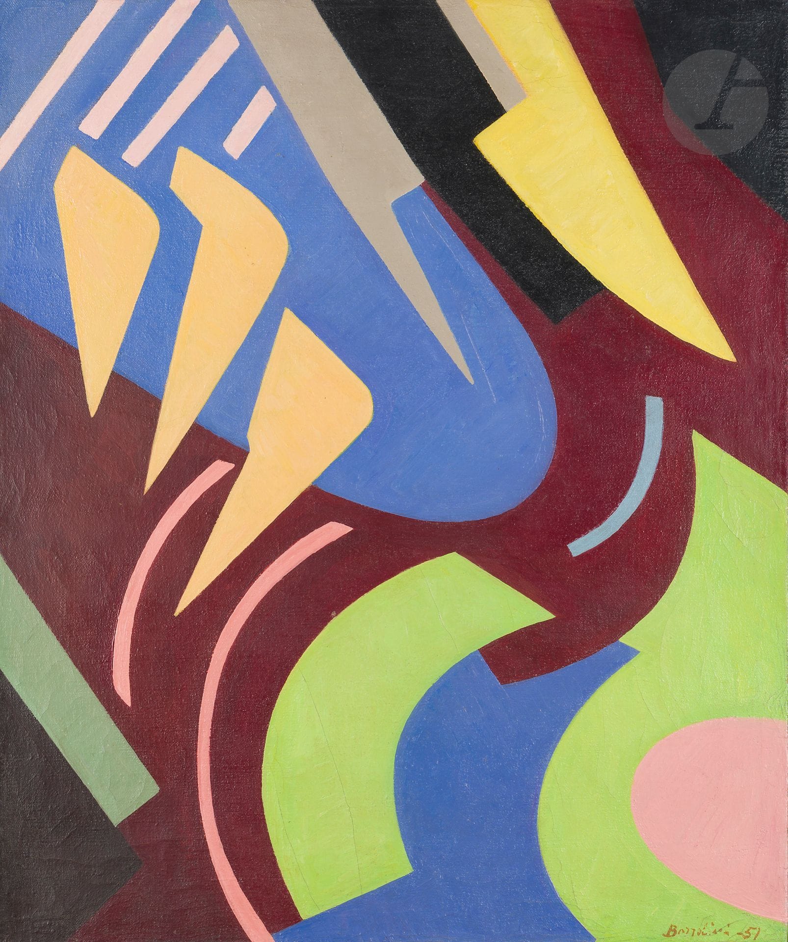 Silvano BOZZOLINI [italien] (1911-1998)
Sincopi, 1951
Huile sur toile.
Signée en bas à droite.
65 x 54 cm

Provenance : 
Vente Versailles Enchères, Mes Perrin-Royère-Lajeunesse, Versailles, 17 décembre 2006, n°23.
