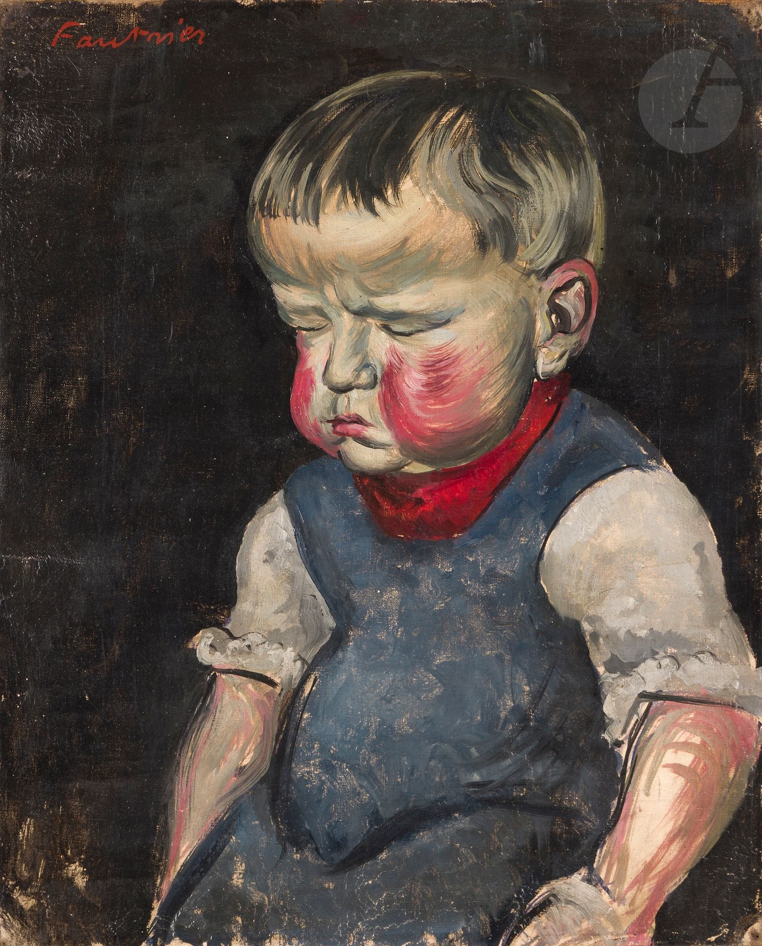 Jean FAUTRIER (1898-1964)
Tête d’enfant, 1921
Huile sur toile.
Signée en haut à gauche.
Titrée sur le châssis.
(Usures, trous de punaise).
41 x 33 cm

Provenance : 
- Galerie Jeanne Castel, Paris.
- Collection privée, Nice.
- Vente Azur Enchères, Cannes, 21 juin 2006, n°366.
- Collection particulière, Paris 7e.

Bibliographie : 
- La Gazette Drouot, 30 juin 2006, reproduit p. 113.
- Marie-José Lefort, Fautrier, catalogue raisonné de l’œuvre peint, Paris, Éditions Norma, 2023, 
reproduit p. 96. 

On retrouve ce même enfant au premier rang dans le tableau Tyroliennes en habit du dimanche ou La Promenade du dimanche, huile sur toile, 81 x 100 cm, conservé au Musée d’Art Moderne de la Ville de Paris (reproduit in Marie-José Lefort, Fautrier, catalogue raisonné de l’œuvre peint, Paris, Éditions Norma, 2023, p. 95).