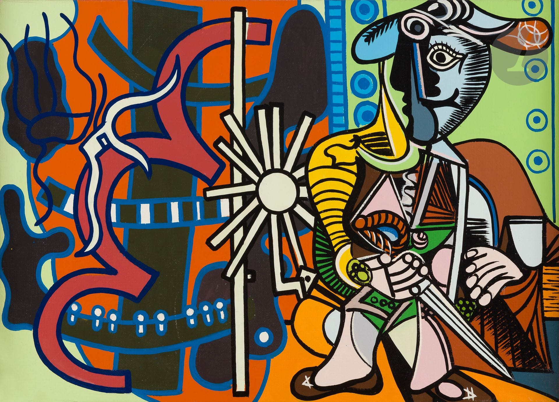 Guðmundur Guðmundsson dit ERRÓ [islandais] (né en 1932)
Hommage à Picasso, 1986
Acrylique sur toile.
Signée et datée au dos.
33,5 x 46 cm

Provenance : 
Galerie Claude Bernard, Paris (étiquette au dos sur le châssis).

Bibliographie: 
Erró, 1974-1986, Catalogue général, Paris, Éditions Hazan, 1986, reproduit pp. 138-139.

Dans le catalogue raisonné, cette œuvre appartient à la série «Huit Paysages».