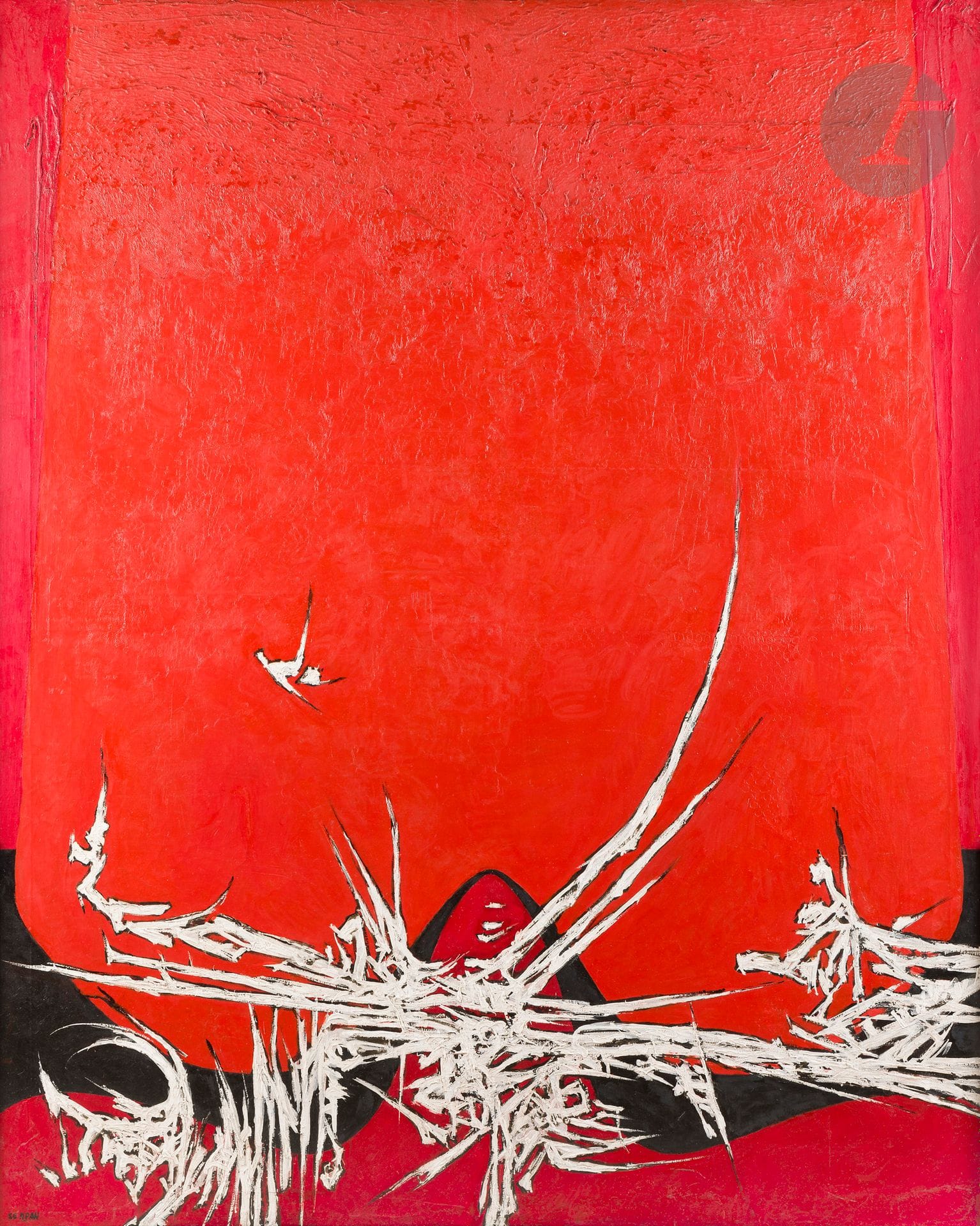 Iaroslav Sossountzov SERPAN [russe] (1922-1976)
Wgujbtree, 1967
Peinture vinylique et huile sur toile.
Signée en bas à gauche.
Signée, datée, titrée, numérotée et située au dos.
162 x 130 cm

Exposition : 
Serpan (1922-1976), Musée des Beaux-Arts, Palais Saint-Pierre, Lyon, 16 mars - 30 avril 1984, catalogue, n°49, reproduit p. 101.
