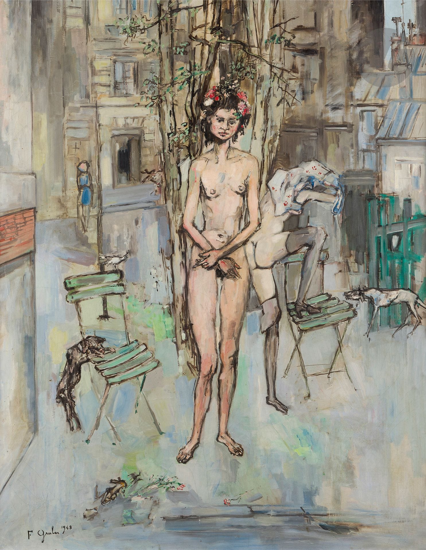 Francis GRUBER (1912-1948)
Nu aux fleurs, 1948
Huile sur toile.
Signée et datée en bas à gauche.
(Craquelures).
92 x 73 cm

Provenance : 
- Galerie Galanis-Henschel, Paris (étiquette au dos).
- Vente Mes Laurin-Guilloux-Buffetaud-Tailleur, 3 avril 1990, n° 58 bis.
- Collection particulière, Paris.

Expositions : 
- Kunsthalle, Basel, n° 2235 (étiquette au dos).
- Rétrospective Francis Gruber, Musée des Beaux-Arts, Nancy, 2 mai - 17 août 2009, Musée d’art Roger Quilliot, Clermont-Ferrand, 1er octobre - 31 décembre 2009.