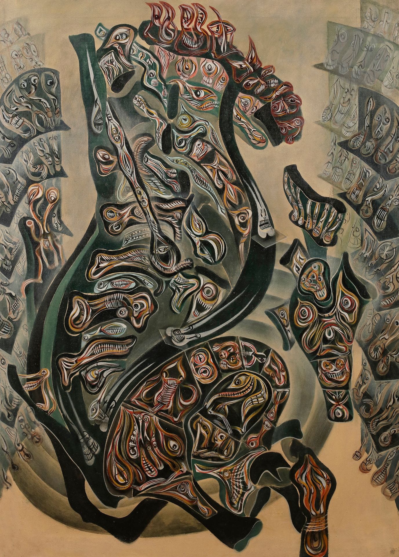 Guðmundur Guðmundsson dit ERRÓ [islandais] (né en 1932)
Cheval Musculi-coaxiale, 1961
Huile sur toile.
Signée et datée au dos.
135 x 97 cm

Provenance : 
Vente Artcurial, Paris, 30 mai 2011, n° 417.

Bibliographie : 
Erro, Catalogue général, Paris, Éditions du Chêne, 1976, n°23, reproduit p. 67.

Dans le catalogue raisonné, cette œuvre appartient à la série « Les Usines », réalisée entre 1959 et 1962.