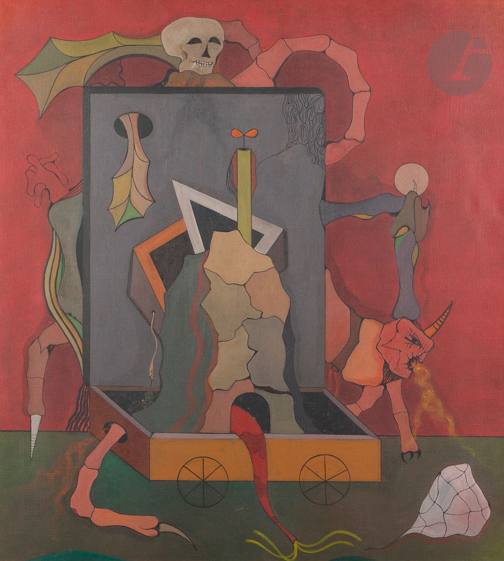 Jorge CAMACHO [cubain] (1934-2011)
La Balle, 1968
Huile sur toile.
Signée, datée et titrée au dos.
102 x 92 cm

Provenance : 
- Vente Me Binoche, Hôtel Drouot, Paris, 15 mars 2000, n°96.
- Collection de Monsieur L., Haute-Savoie. Acquis lors de cette dernière.