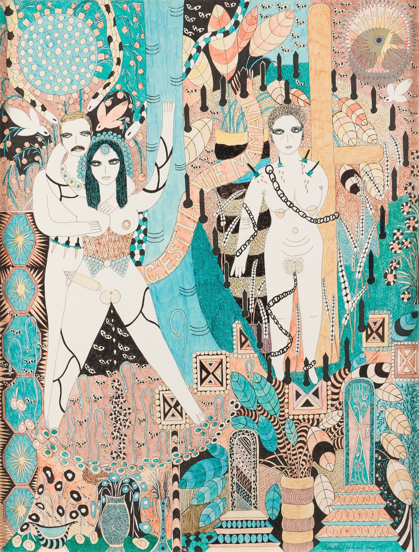 Dorothy IANNONE [américaine] (1933-2022)
C’est la vie maman, 1975
Encre et aquarelle.
Signée et datée en bas à droite.
Titrée dans la composition.
82 x 62,5 cm 

Exposition :
Dorothy Iannone : toujours de l’audace !, Centre Pompidou, Paris, 25 septembre 2019 - 6 janvier 2020, catalogue, reproduit p. 14.